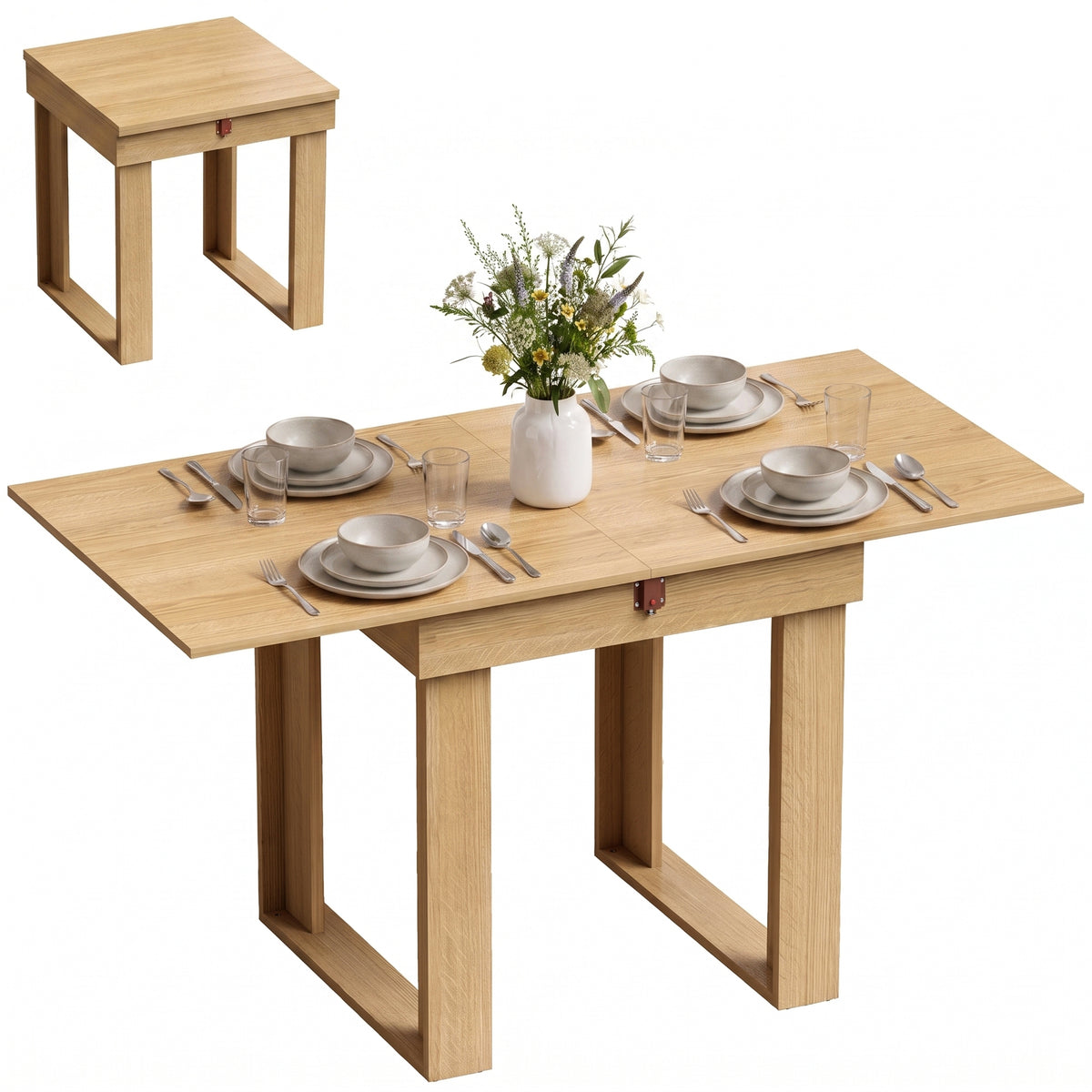 Folding Dining Table for 4 with Under-Table Storage, 70-140 cm Modern Extendable Kitchen Table with Steel Rail, Space-Saving for Kitchen, Dining Room, Oak Effect