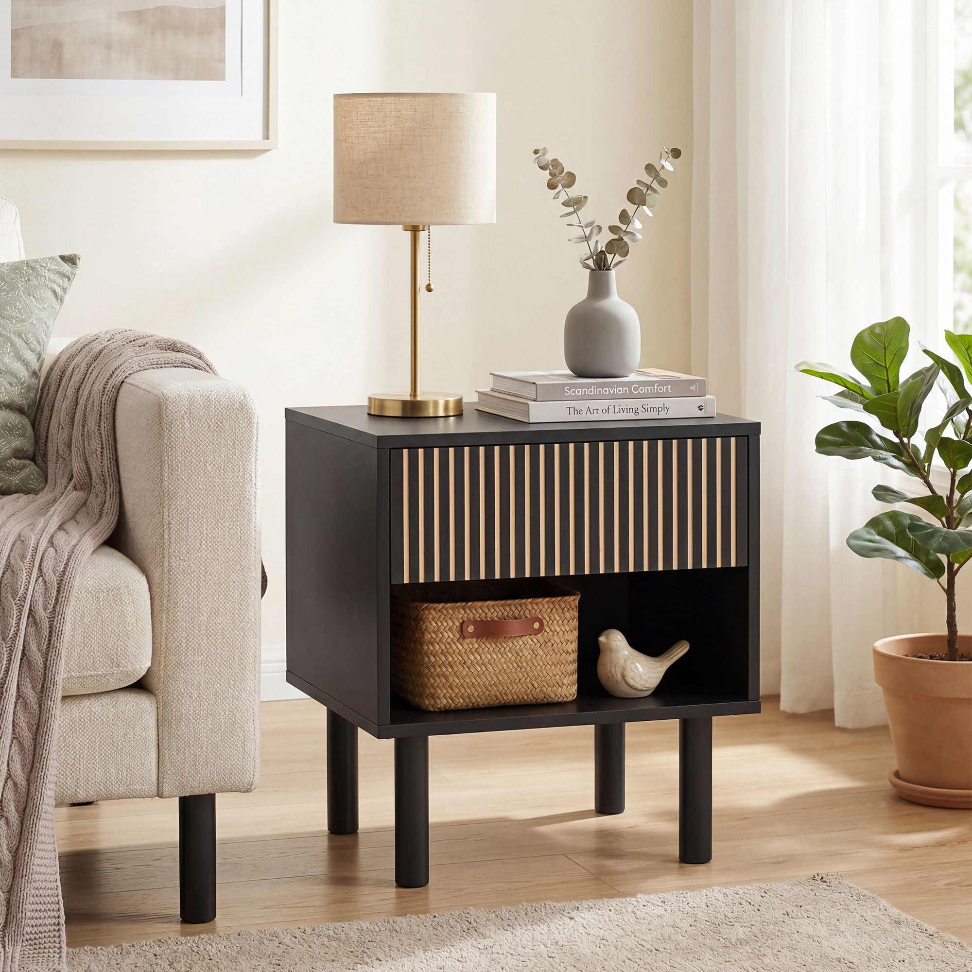 Modern Nightstand, Bedside Table with Drawer and Open Shelf, Side End Table for Bedroom, Black