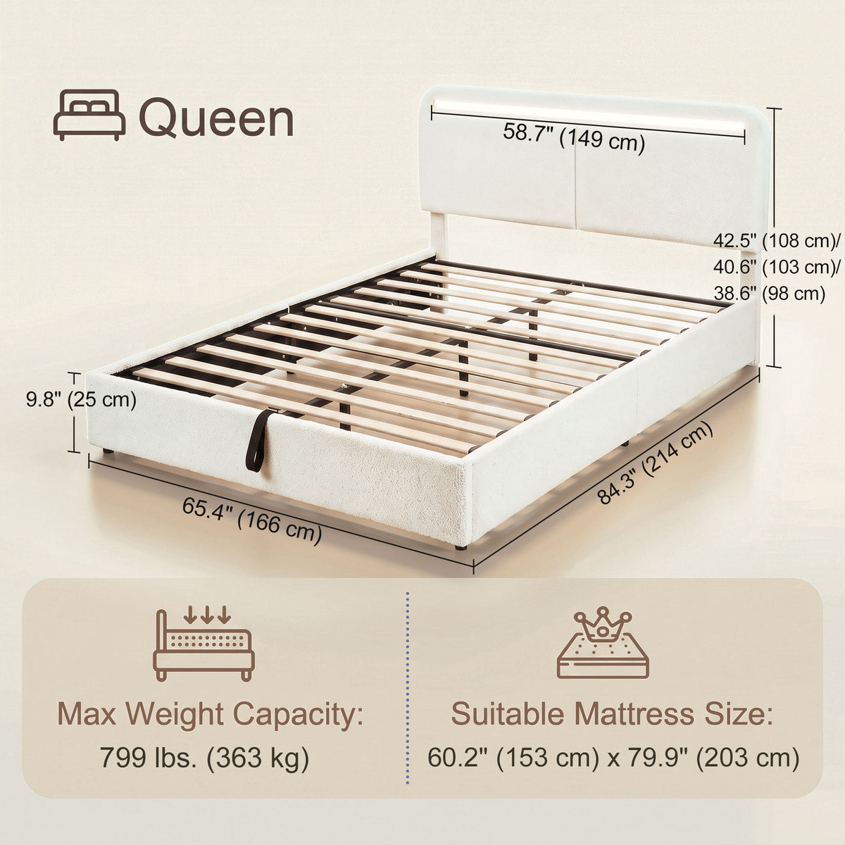 Queen Bed Frame with Charging Station, LED Lights, Adjustable Headboard, Fabric Platform Bed Frame, Wood Slat Support, Noise Free, No Box Spring Needed, Easy Assembly, White