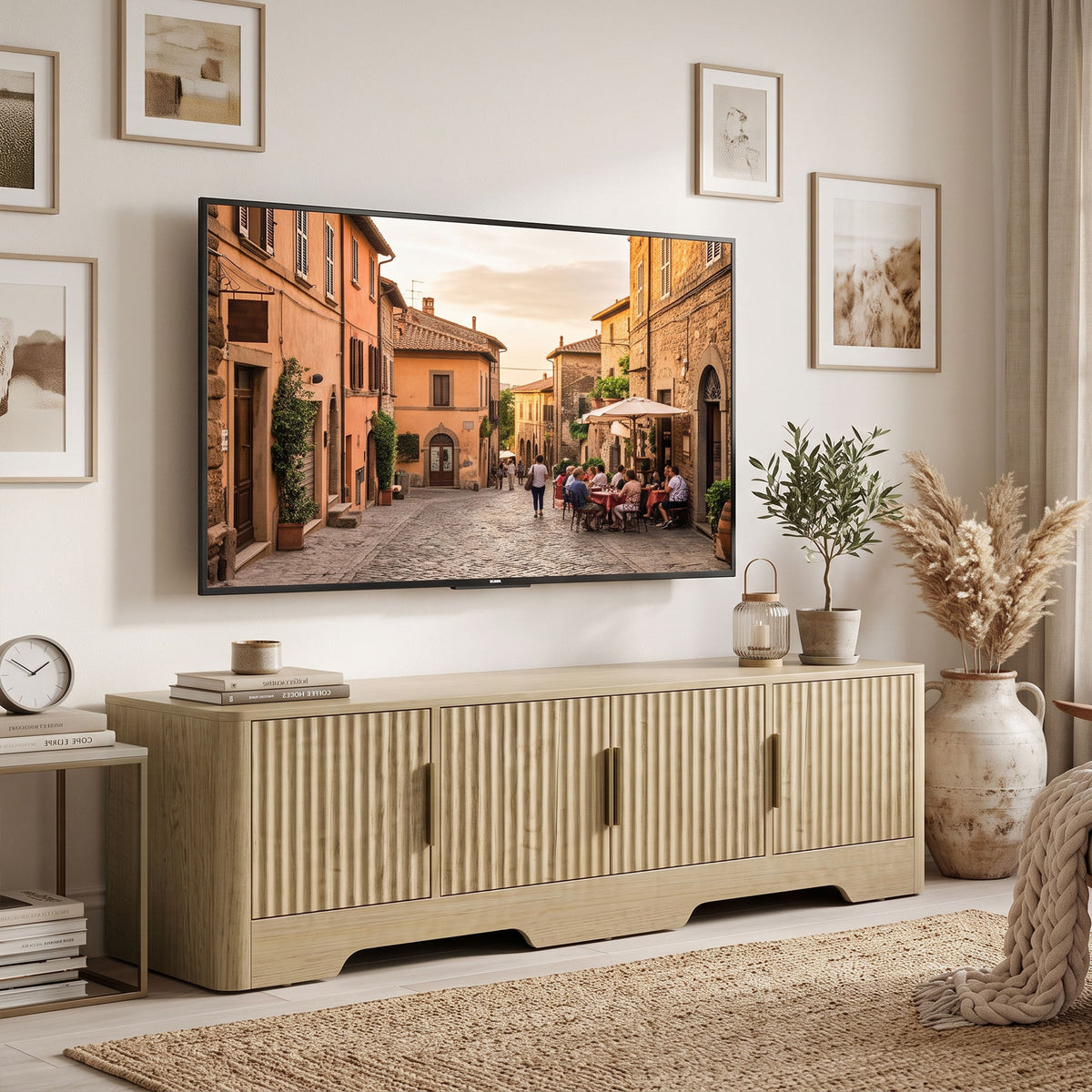 TV Stand for TVs up to 60", Modern Entertainment Center with Fluted Doors, Media Console Table with 3 Cabinets, Adjustable Shelf and Cable Management for Living Room, Oak