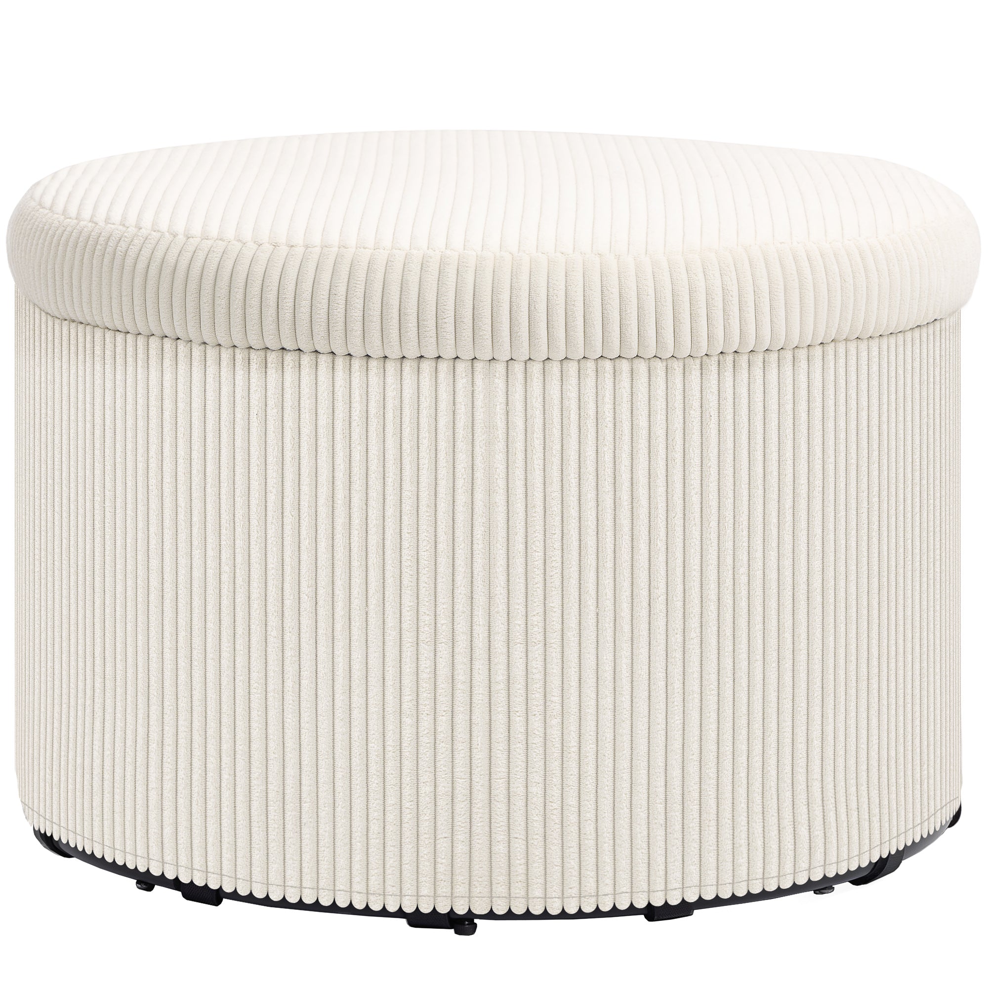 Storage Ottoman with Lid, 24 Inches Round Pouf Ottoman with Storage, Upholstered Corduroy Foot Rest Stool for Living Room, Bedroom, Beige