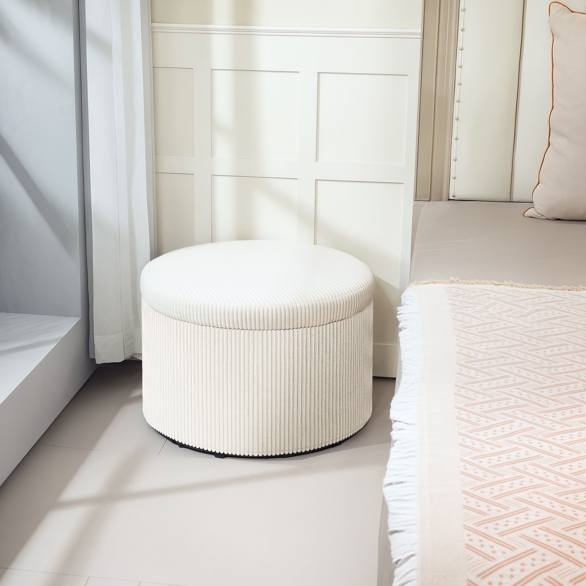 Storage Ottoman with Lid, 24 Inches Round Pouf Ottoman with Storage, Upholstered Corduroy Foot Rest Stool for Living Room, Bedroom, Beige