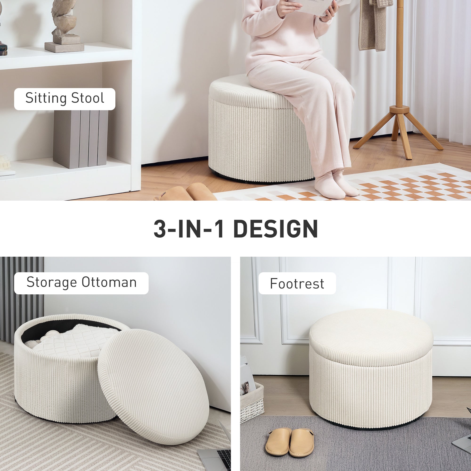 Storage Ottoman with Lid, 24 Inches Round Pouf Ottoman with Storage, Upholstered Corduroy Foot Rest Stool for Living Room, Bedroom, Beige