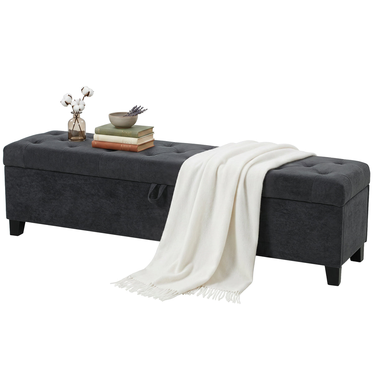 63" Storage Ottoman Bench, End of Bed Bench for Queen/King Bed, 63"x16.1"x17.7", Velvet Fabric Tufted Storage Chest for Living Room, Bedroom, Entryway, 528 lb, Dark Grey