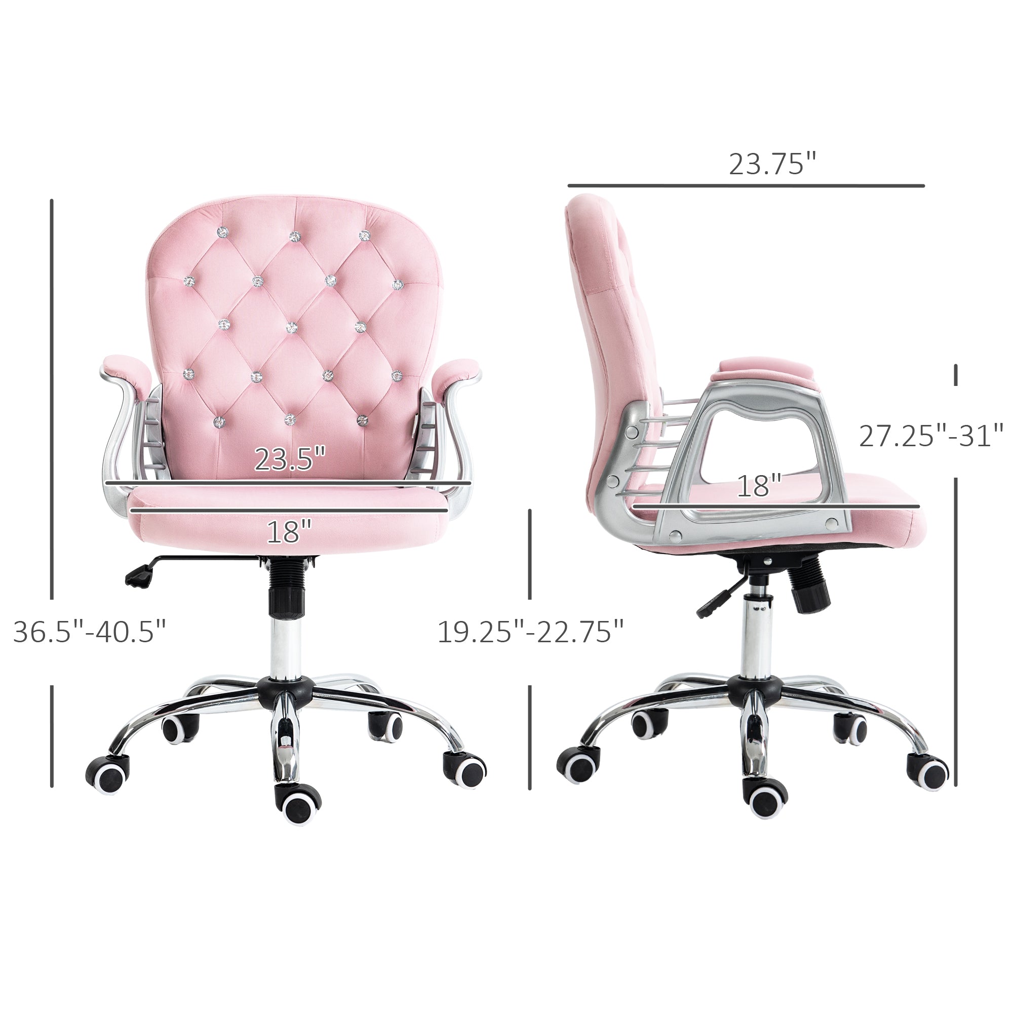 Button Tufted Desk Chair, Home Office Chair with Padded Armrests, Adjustable Height and Swivel Wheels, Pink - HOMCOM