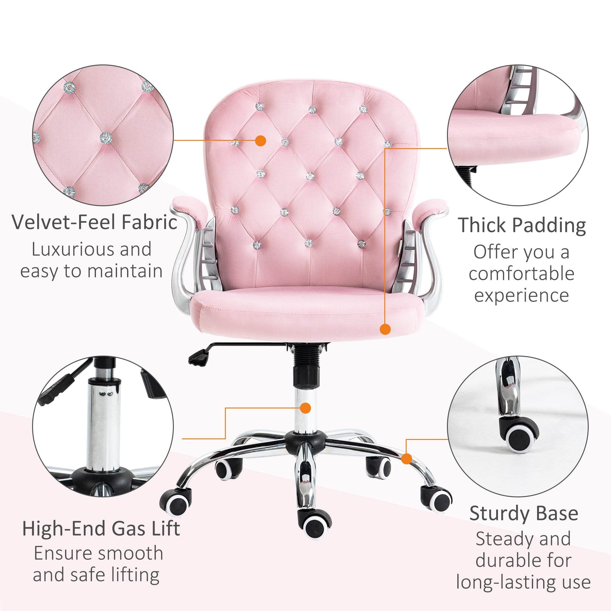 Button Tufted Desk Chair, Home Office Chair with Padded Armrests, Adjustable Height and Swivel Wheels, Pink - HOMCOM