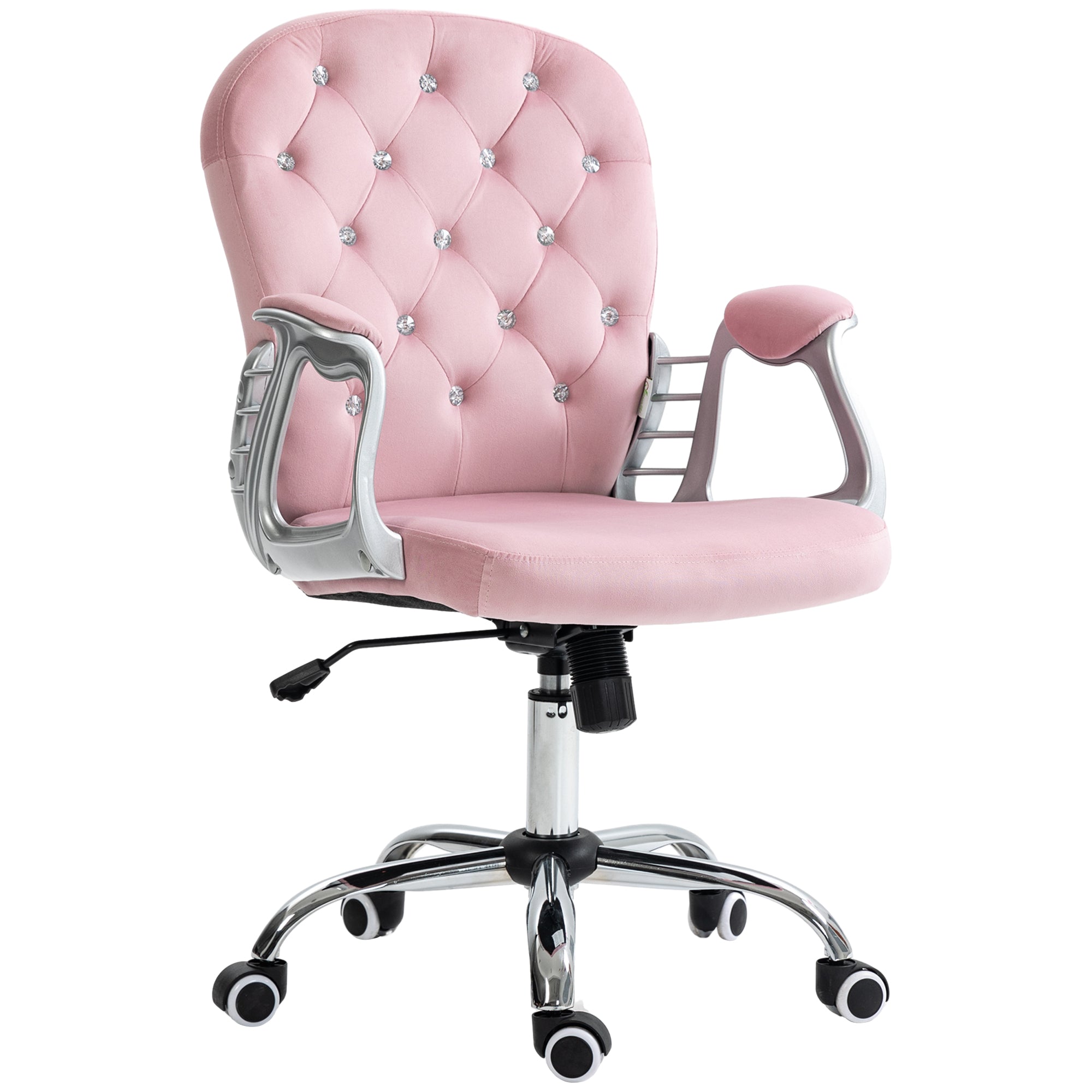 Button Tufted Desk Chair, Home Office Chair with Padded Armrests, Adjustable Height and Swivel Wheels, Pink - HOMCOM