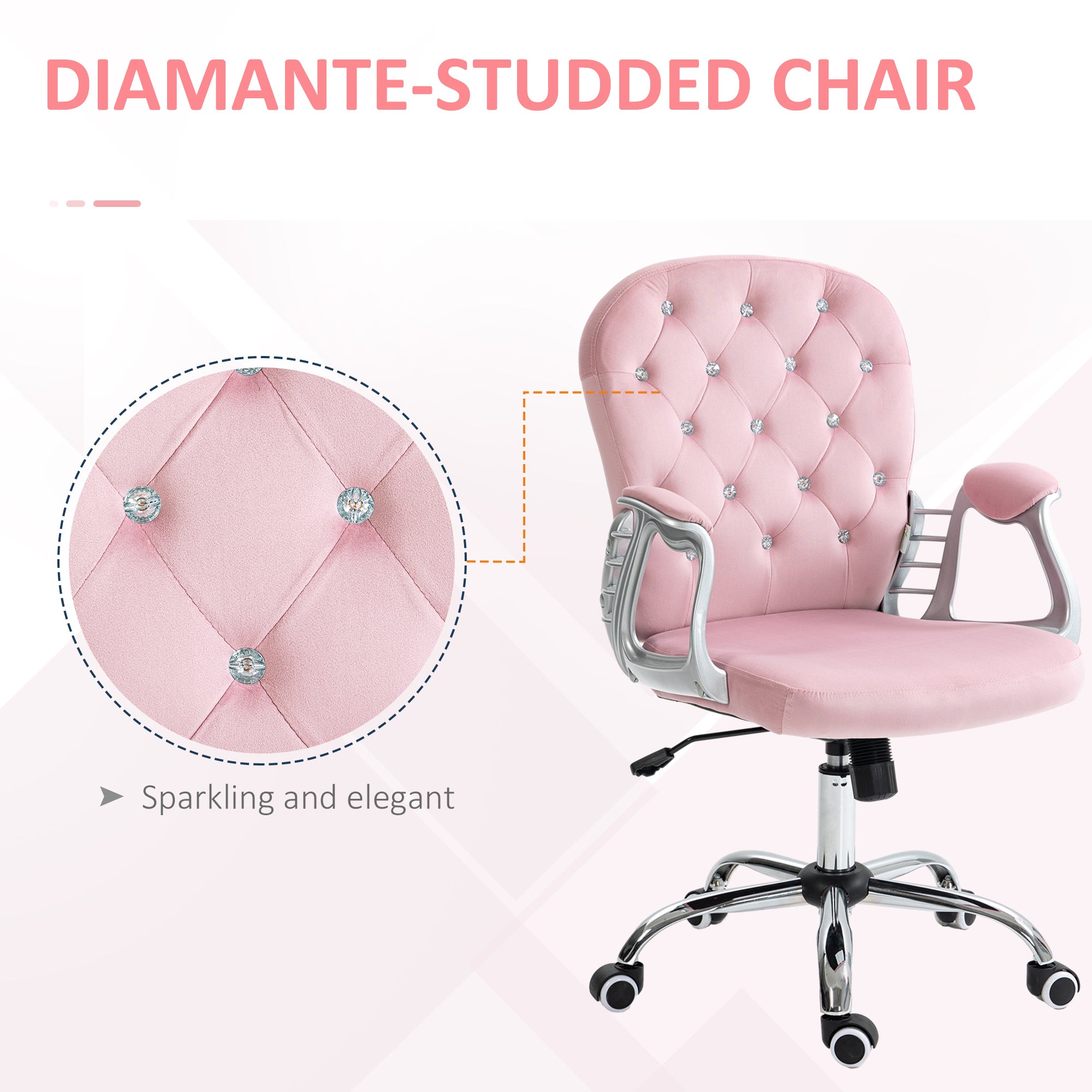 Button Tufted Desk Chair, Home Office Chair with Padded Armrests, Adjustable Height and Swivel Wheels, Pink - HOMCOM