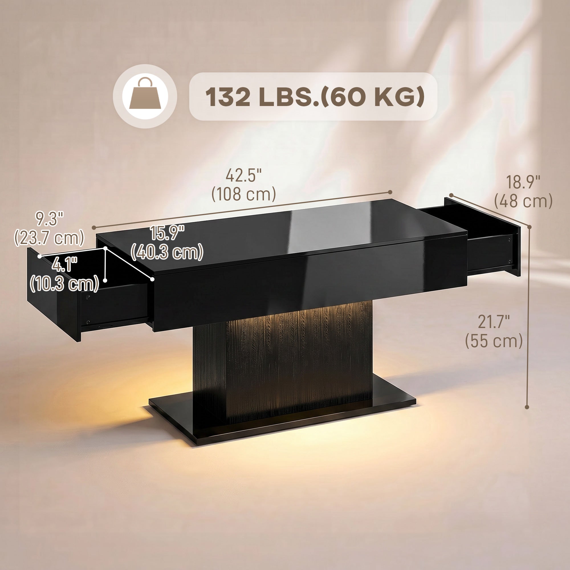 LED Coffee Table with Storage, High Gloss Modern Center Table with 2 Drawers and Remote Control for Living Room, Black