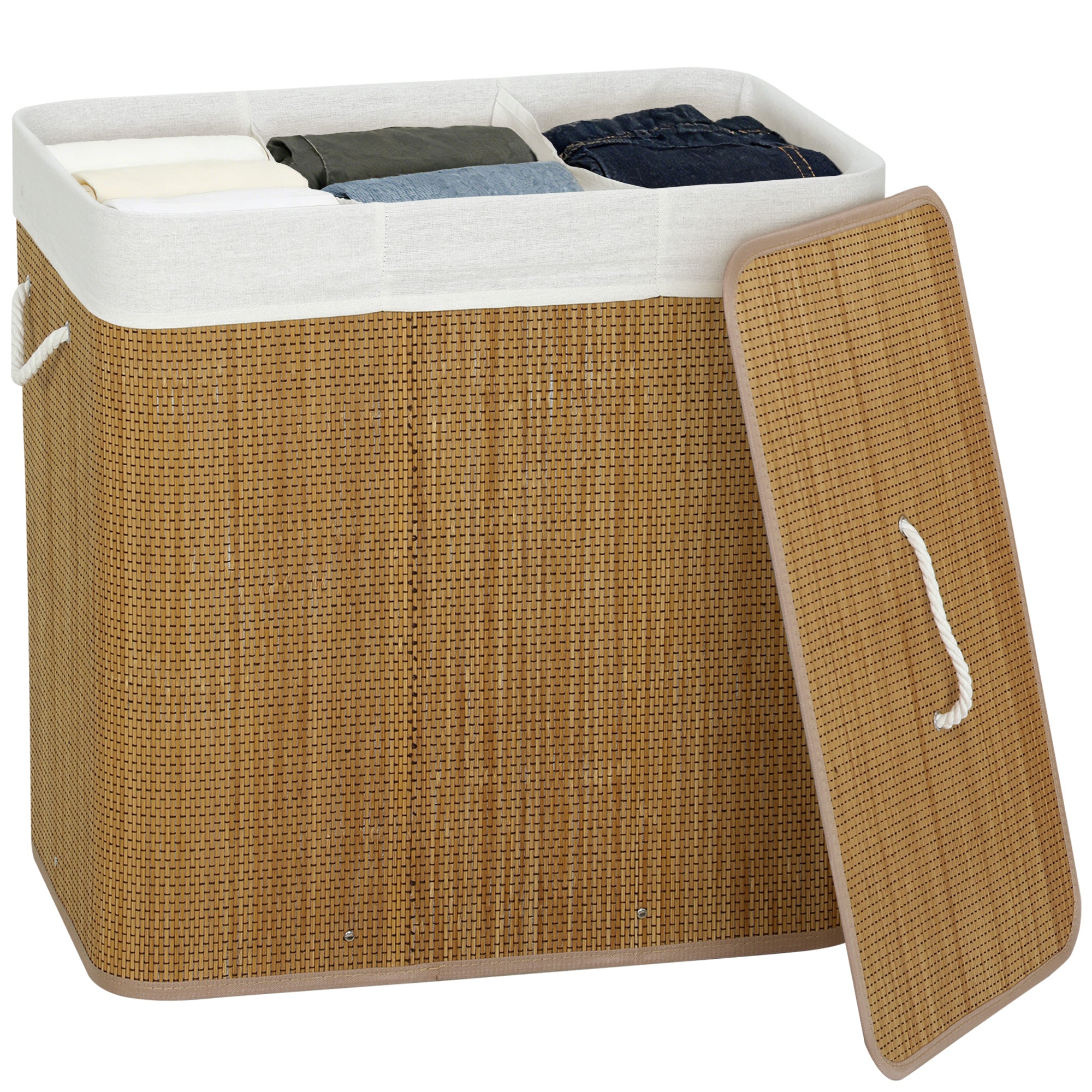 144L Laundry Basket with Lid, 3 Section Bamboo Laundry Hamper with Removable and Washable Liner, Handles, Dirty Clothes Hamper for Bathroom, Bedroom, Brown