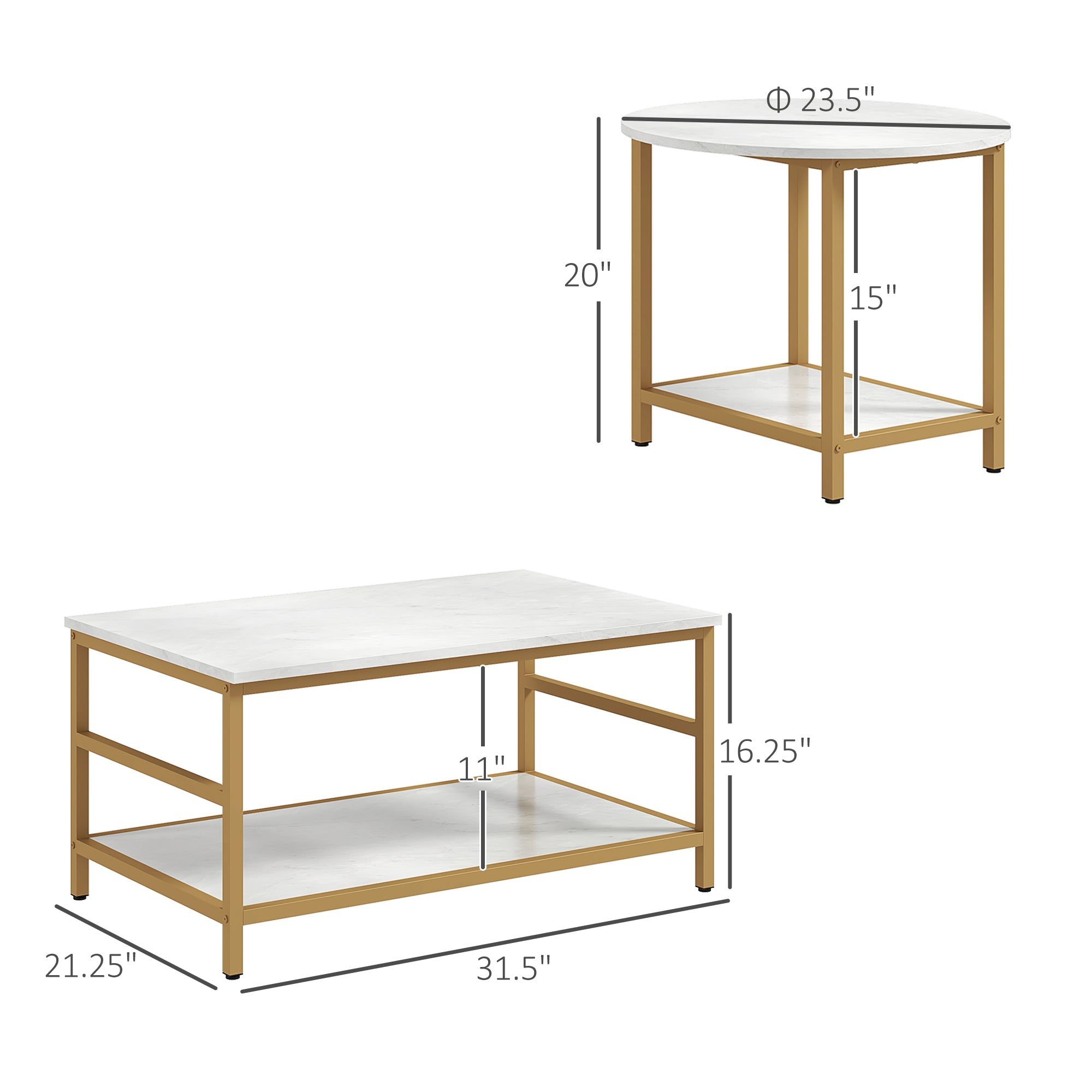 2PC Faux Marble Coffee Table Set, Rectangle & Round Living Room Tables with Storage, Gold