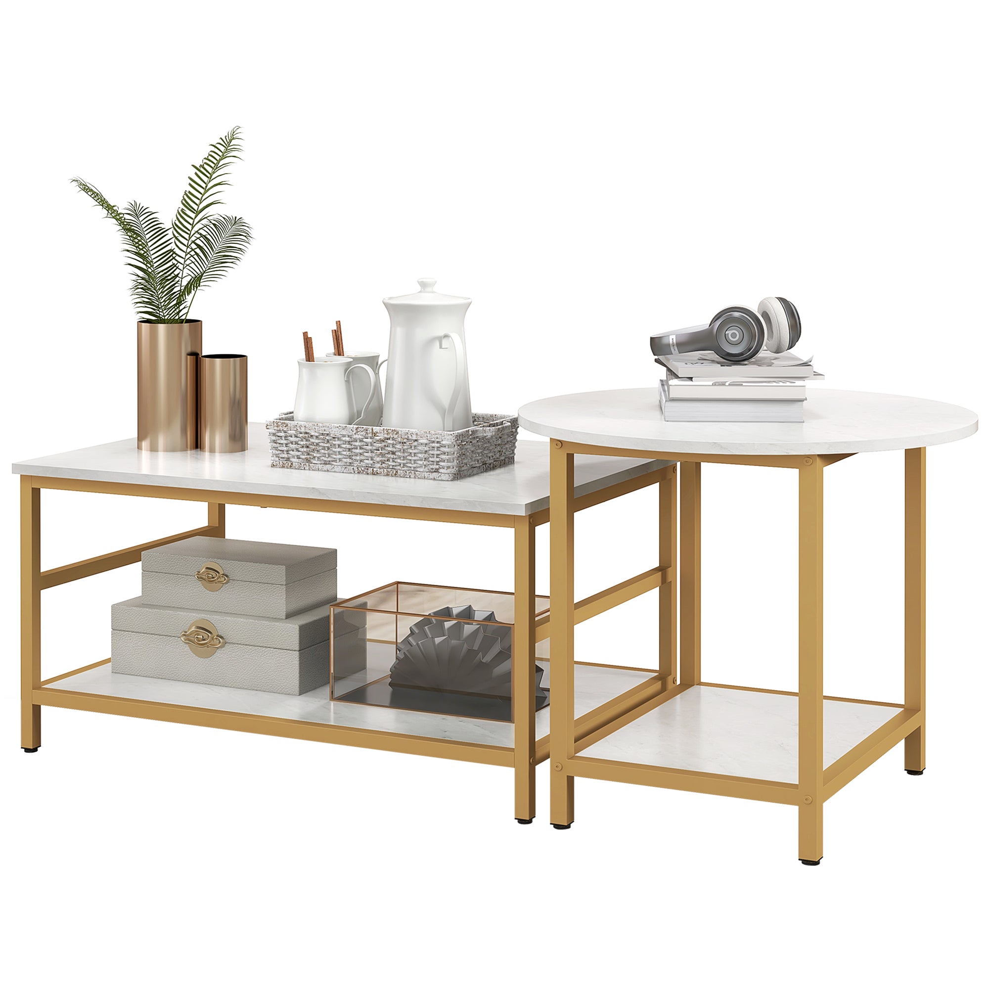2PC Faux Marble Coffee Table Set, Rectangle & Round Living Room Tables with Storage, Gold