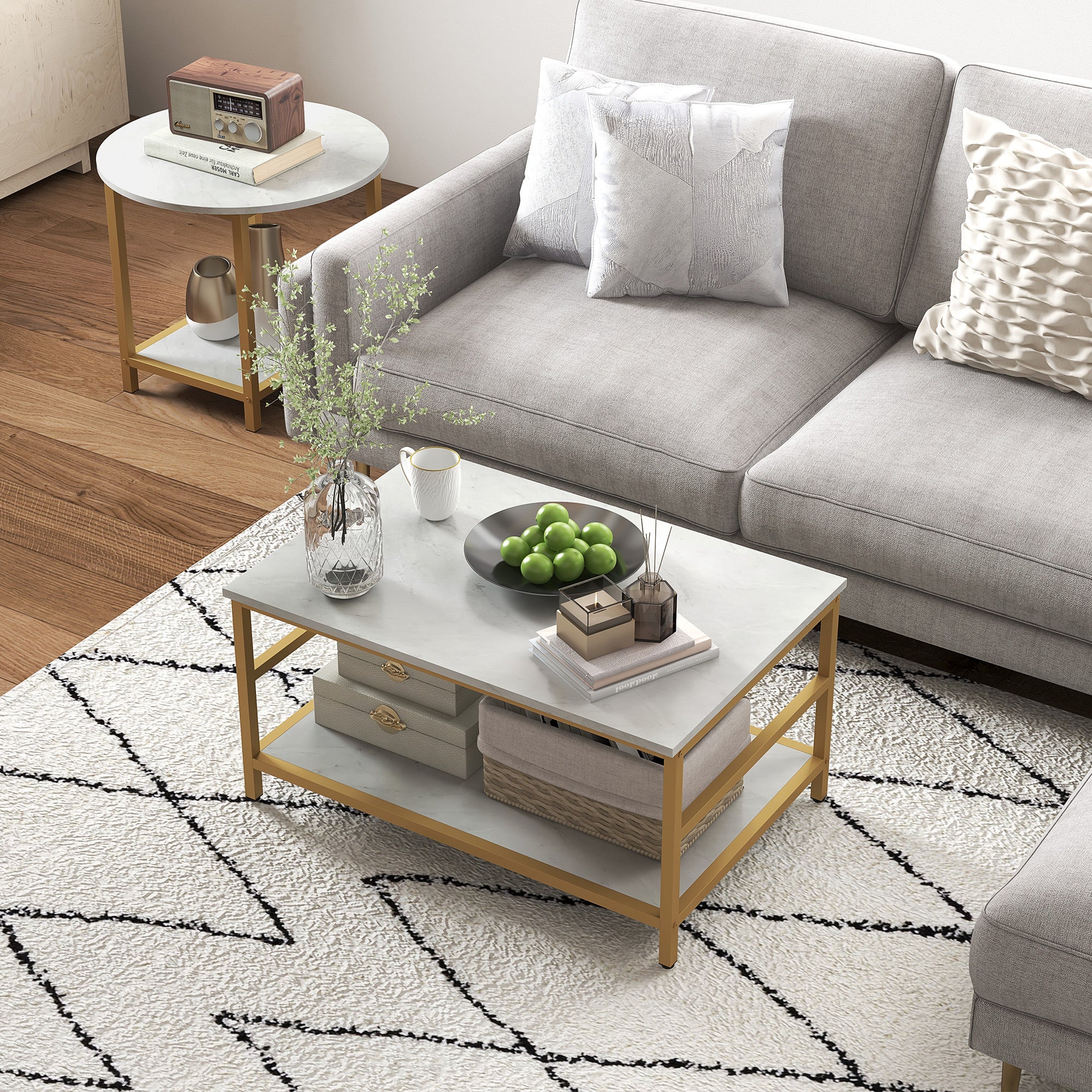 2PC Faux Marble Coffee Table Set, Rectangle & Round Living Room Tables with Storage, Gold