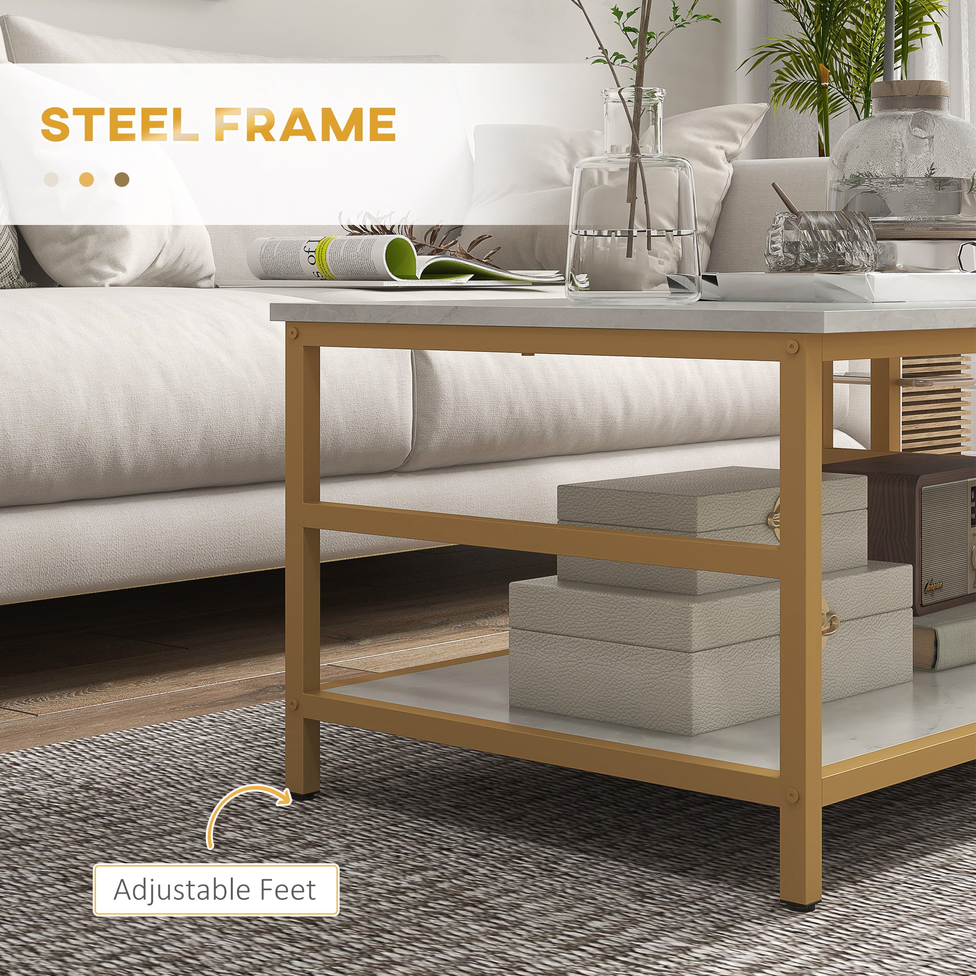2PC Faux Marble Coffee Table Set, Rectangle & Round Living Room Tables with Storage, Gold