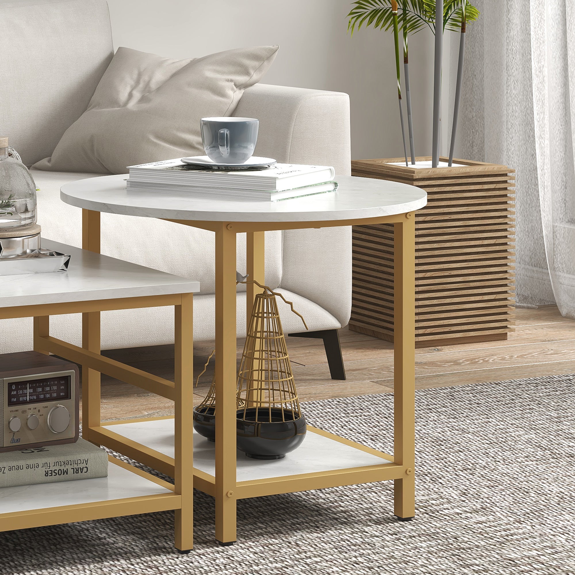 2PC Faux Marble Coffee Table Set, Rectangle & Round Living Room Tables with Storage, Gold