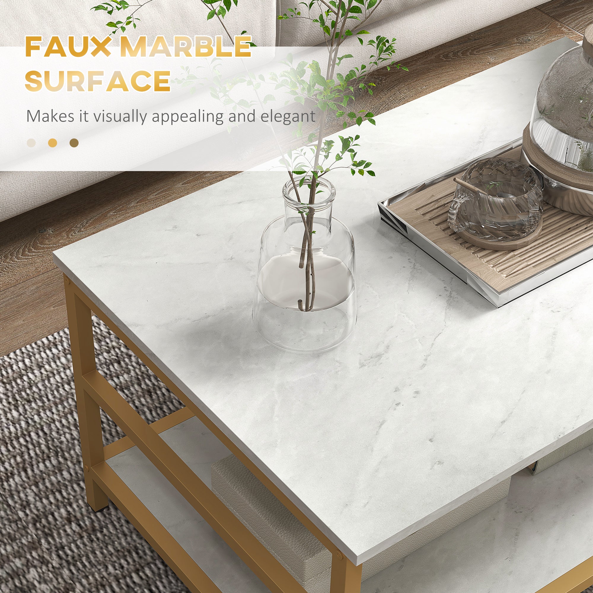 2PC Faux Marble Coffee Table Set, Rectangle & Round Living Room Tables with Storage, Gold