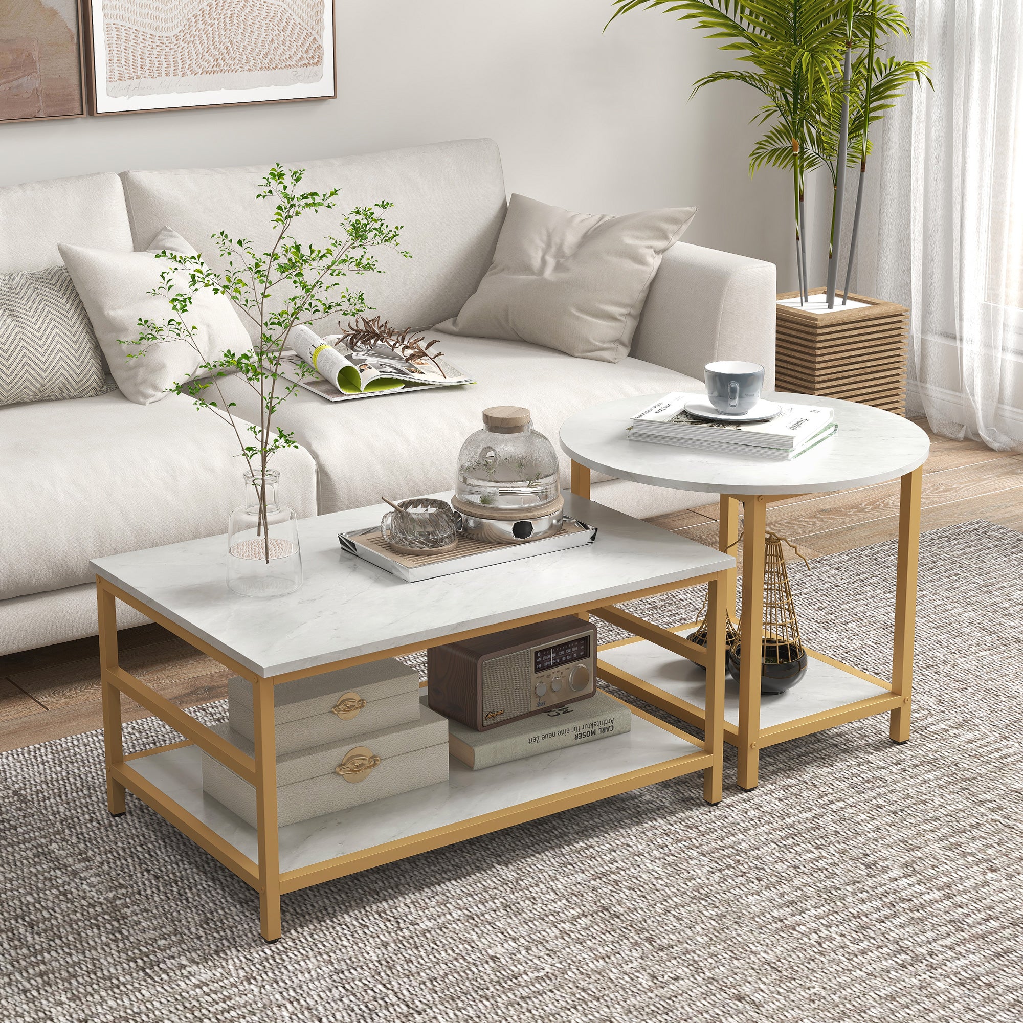 2PC Faux Marble Coffee Table Set, Rectangle & Round Living Room Tables with Storage, Gold