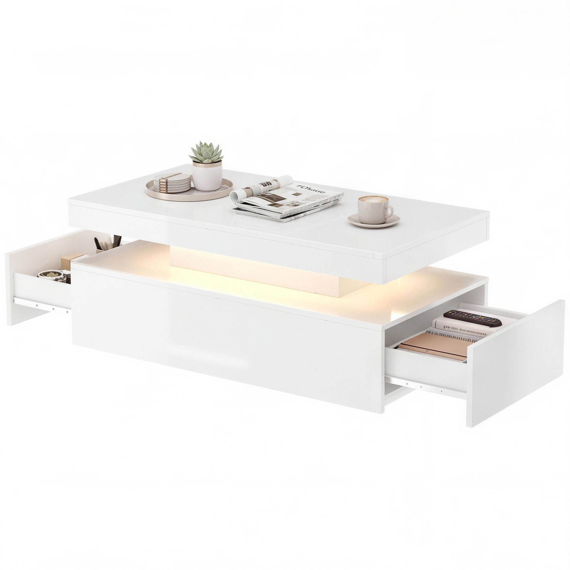 LED Coffee Table with Storage, 2-Tier Modern Rectangular Center Table with 2 Drawers and Open Compartment for Living Room, High Gloss White