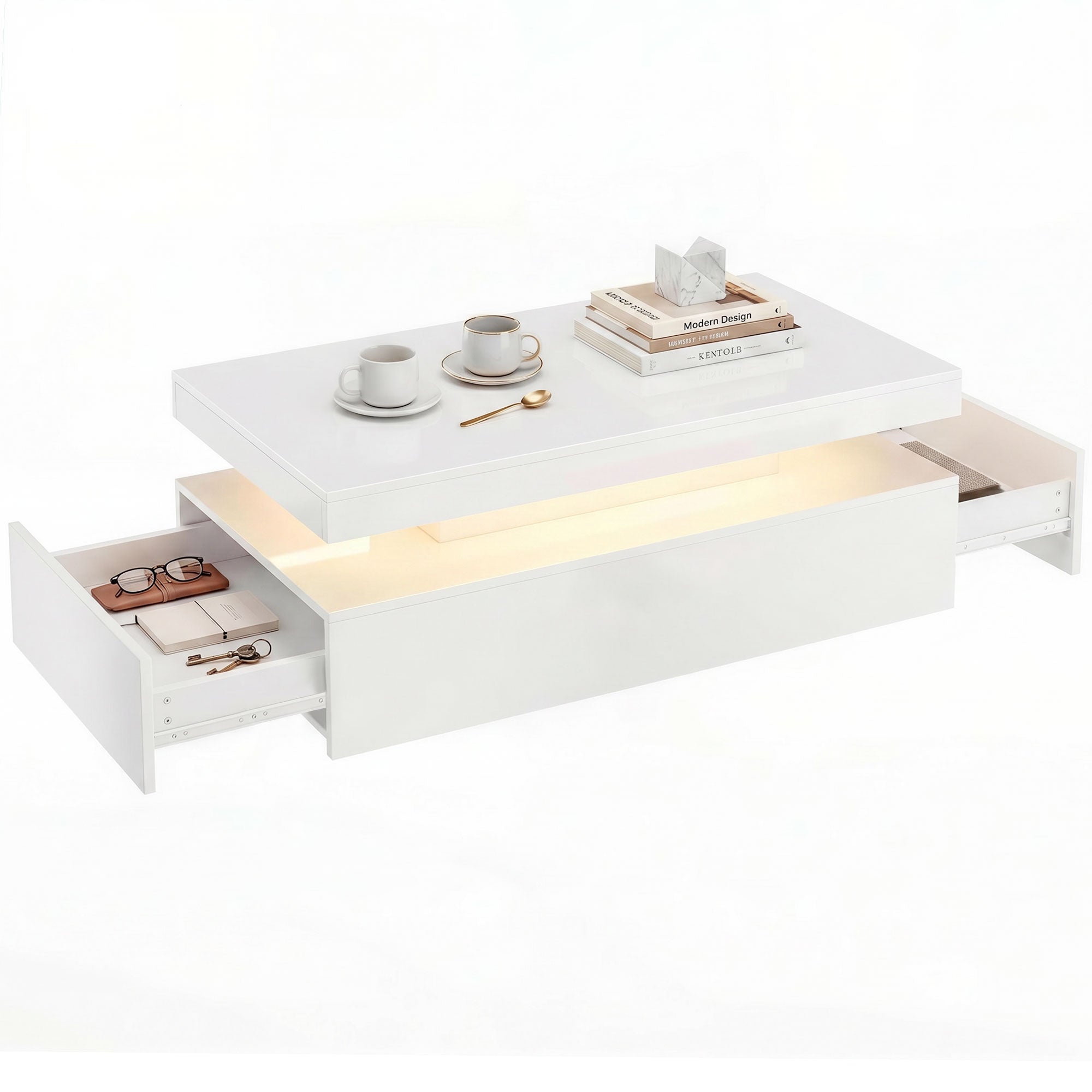 LED Coffee Table with Storage, 2-Tier Modern Rectangular Center Table with 2 Drawers and Open Compartment for Living Room, High Gloss White