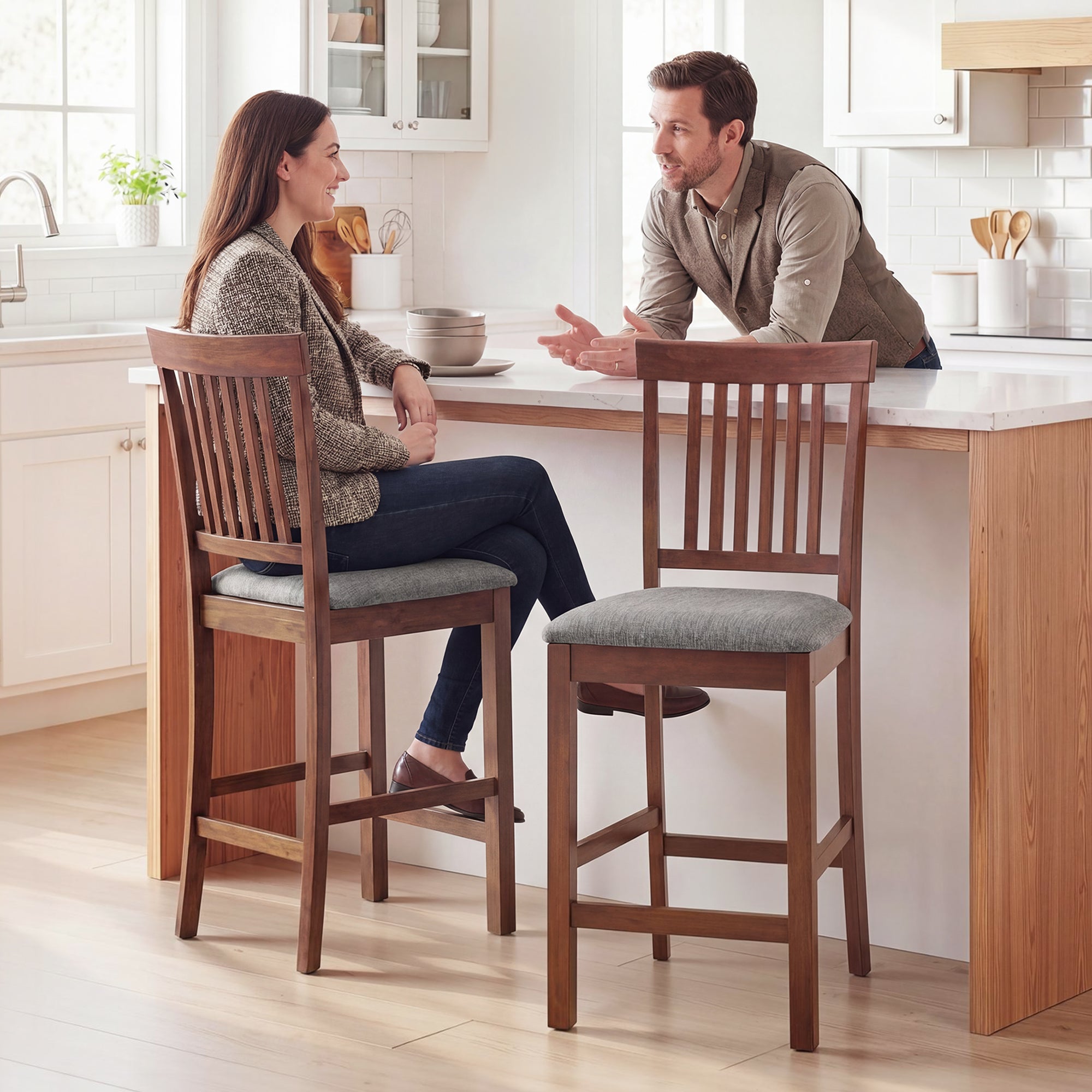 Bar Stools Set of 2, Modern Upholstered Barstools with High Back and Rubberwood Legs, Counter Height Kitchen Chairs for Kitchen Island Dining Room Home Bar, Gray and Dark Brown