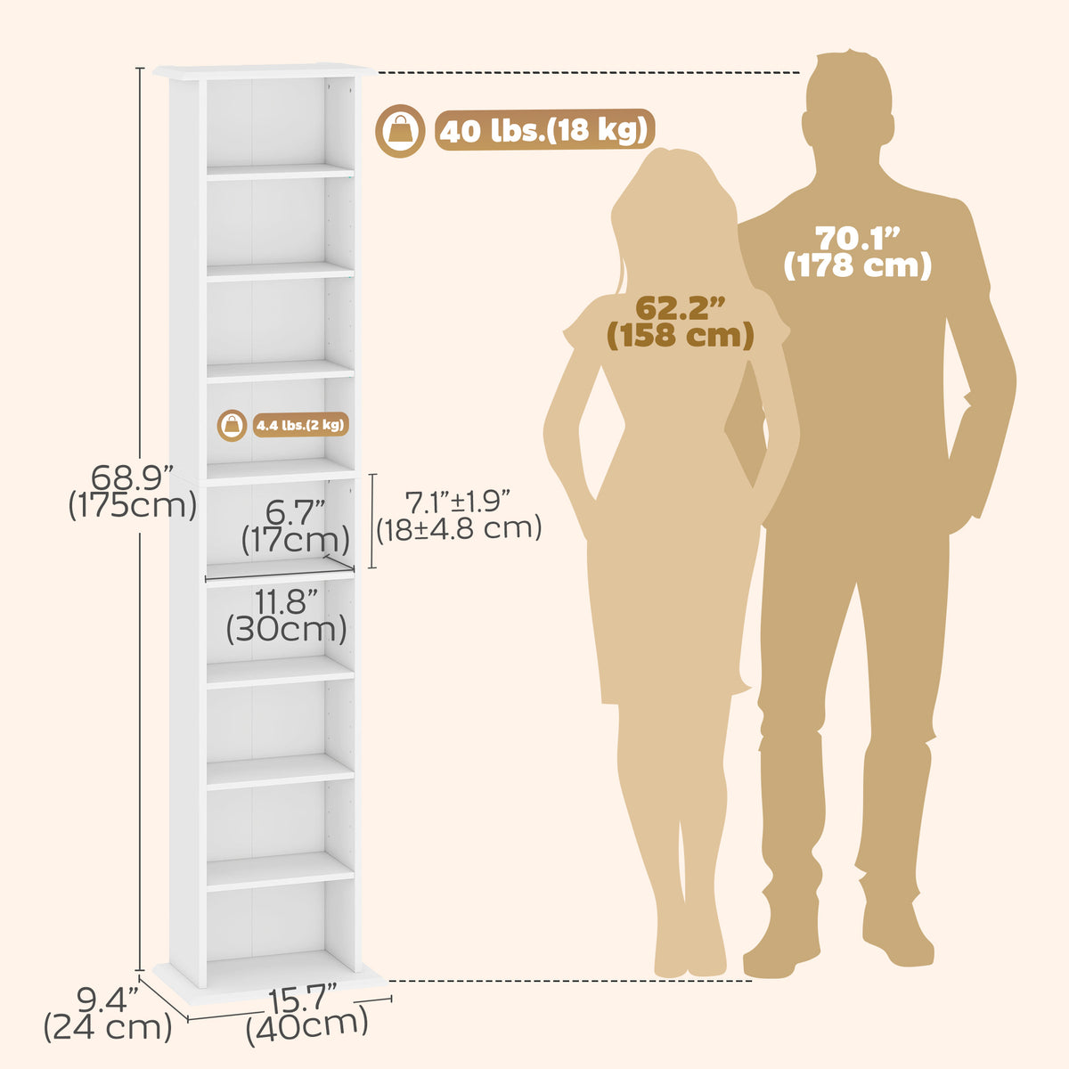 Slim Media Storage Cabinet, 9-Tier DVD Shelf with 7 Adjustable Shelves, 9 Compartments, Holds 252 CDs, 147 DVDs or 189 Blu-rays, White