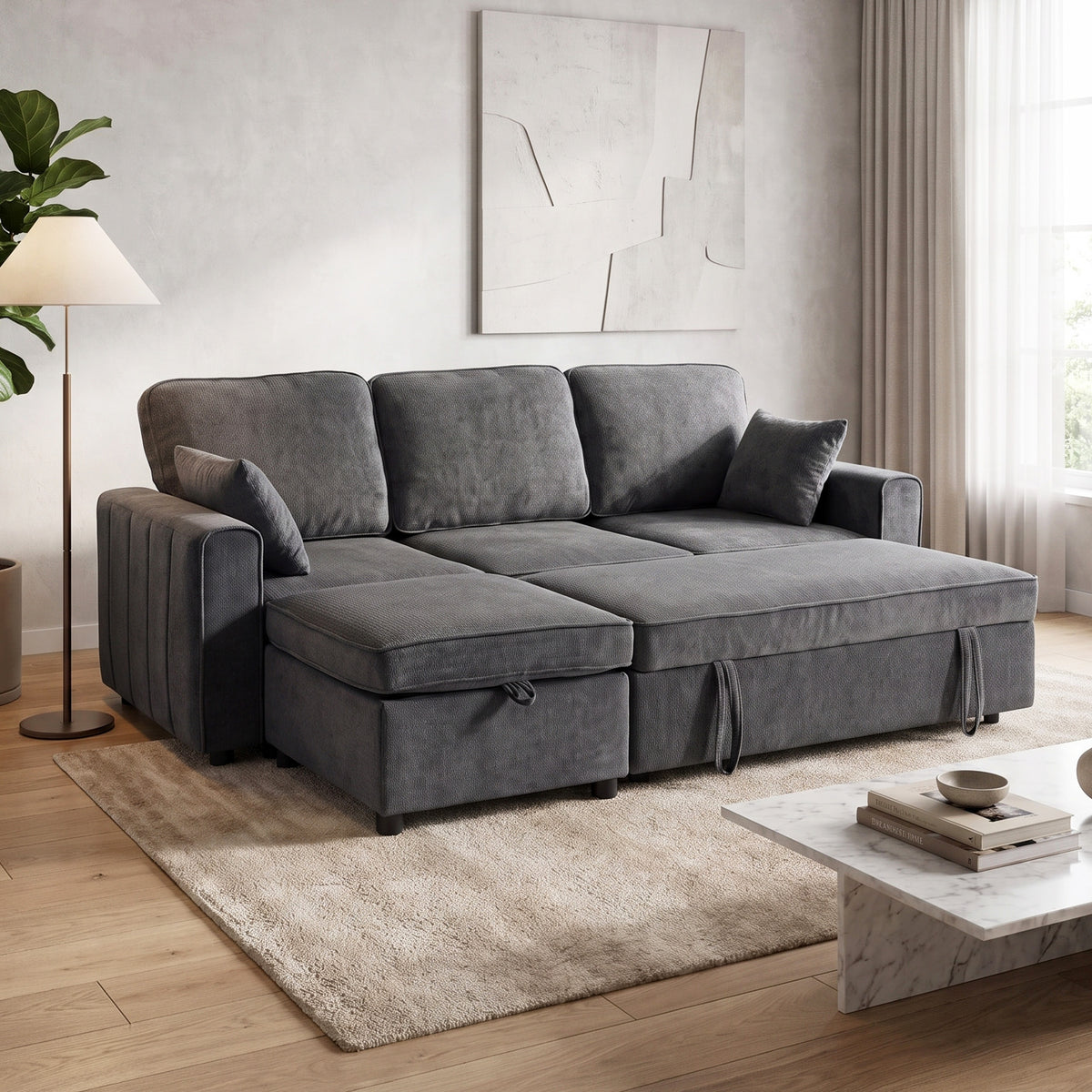 Modular Sectional Sofa Bed with Reversible Storage Ottoman, Chenille Pull Out Sleeper Sofa with Spring Cushion, Wide and Deep Seat, 3 Seater Couch for Living Room, Dark Grey