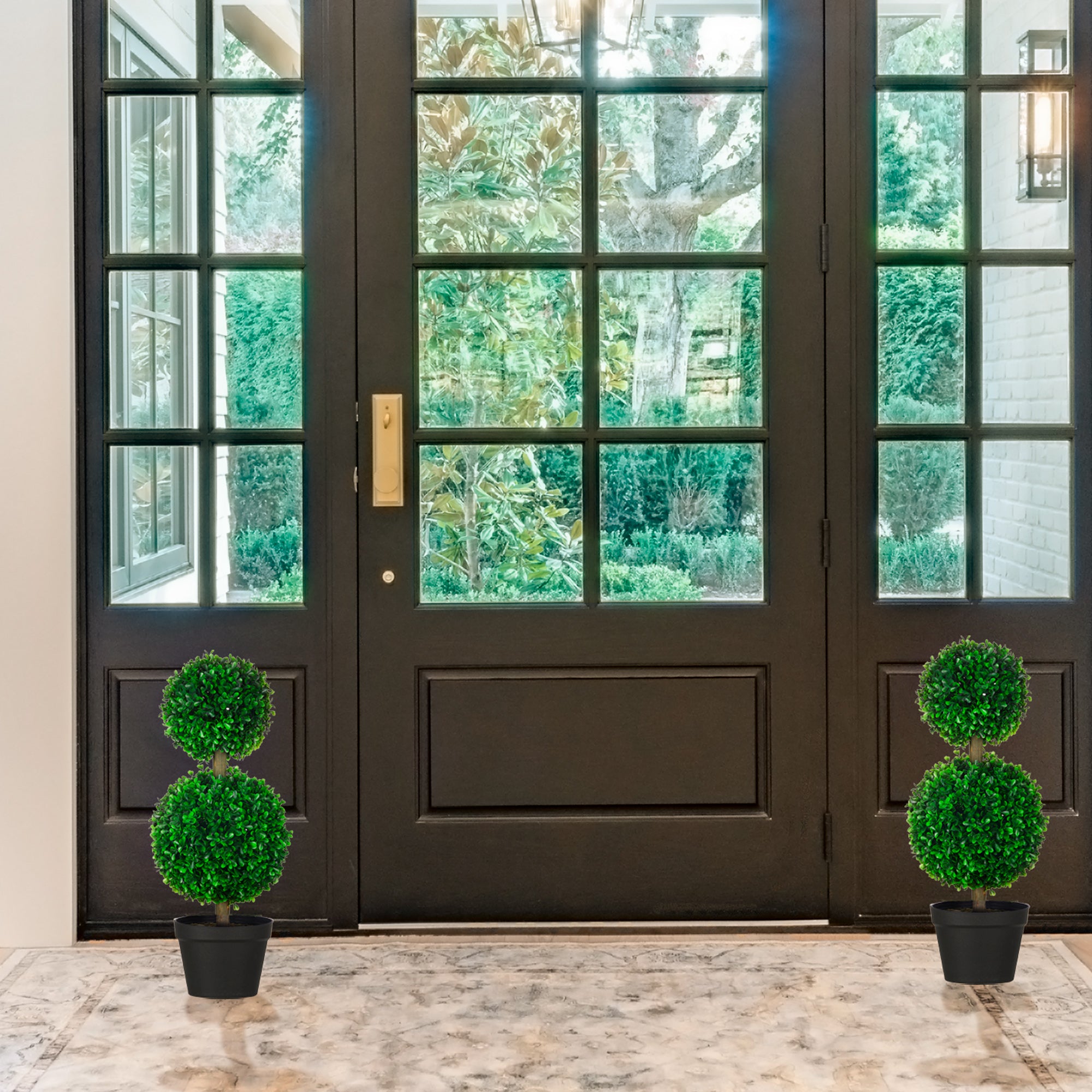 2 Pcs 23.5" Artificial Boxwood Ball Topiary Tree, Fake Plants in Pot, Ball Shaped Leaves