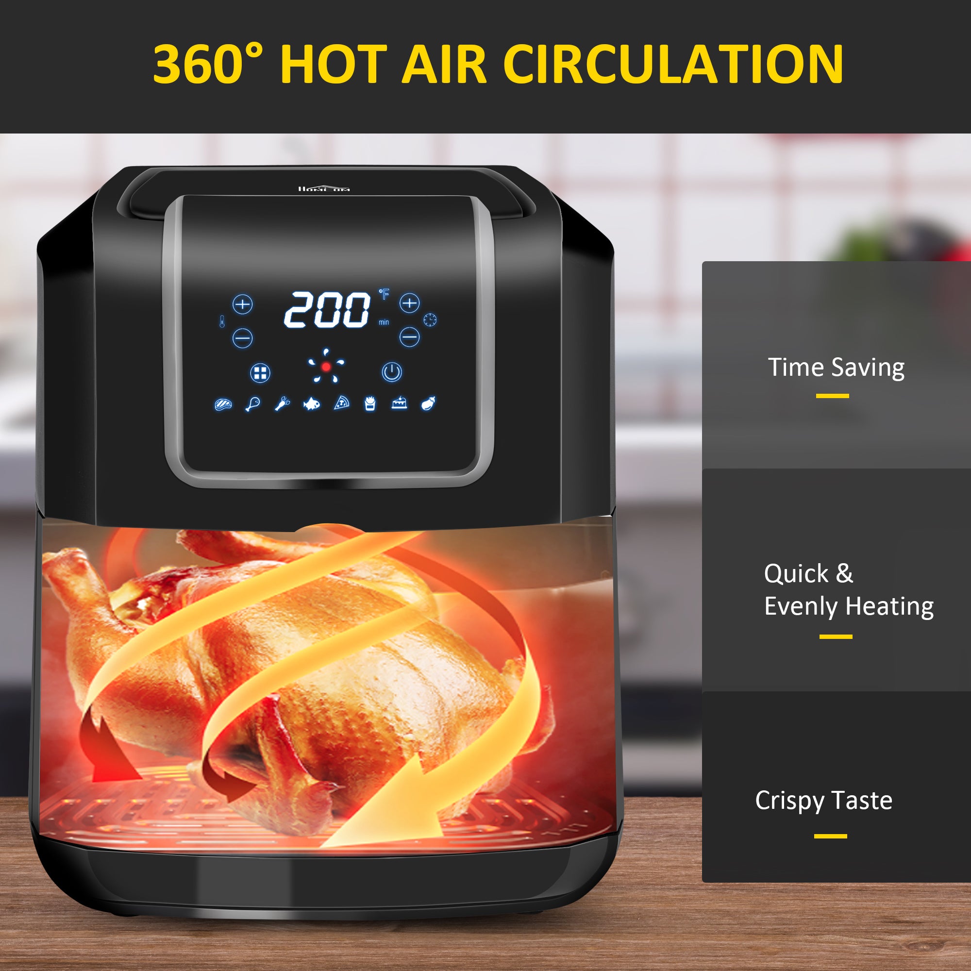 Air Fryer 1700W 6.9 Quart Oven with Digital Display 360° Air Circulation and Timer Black