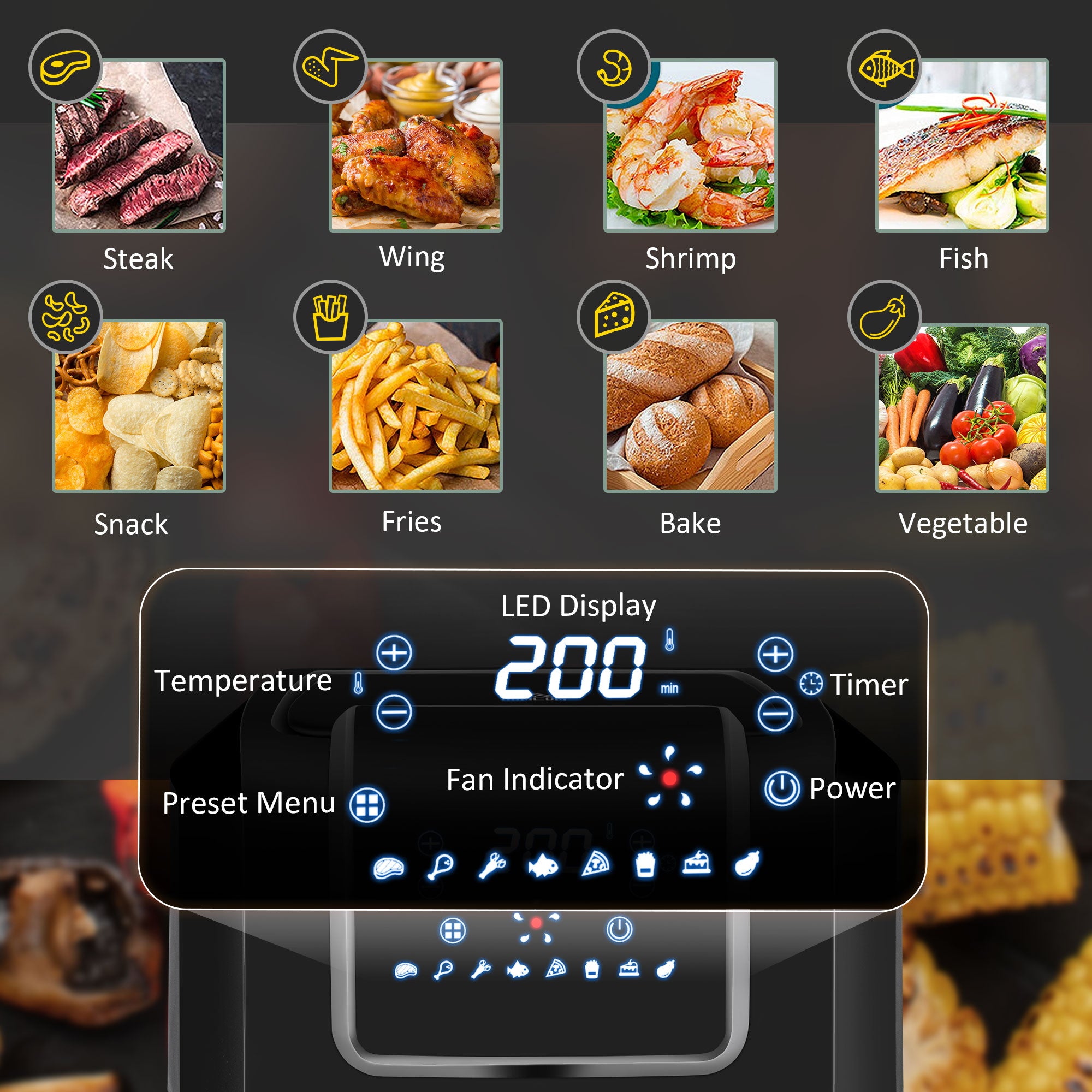 Air Fryer 1700W 6.9 Quart Oven with Digital Display 360° Air Circulation and Timer Black