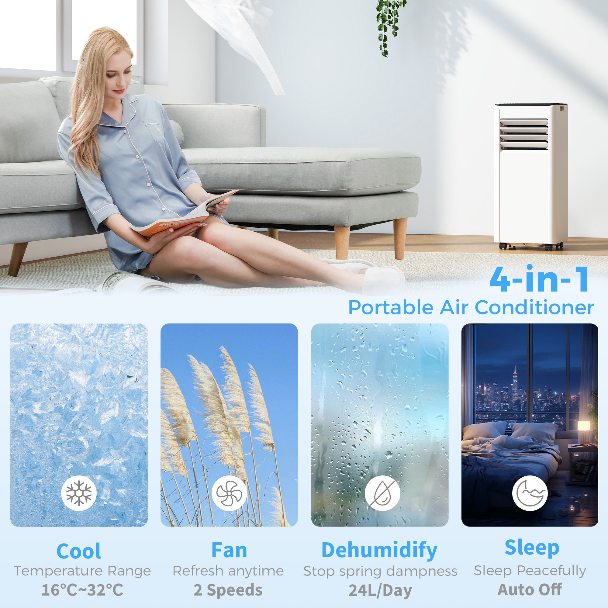 Portable Air Conditioner 9000 BTU, 4-in-1 Air Conditioning Unit with Cool, Dehumidifier, Fan, Sleep Mode, WiFi Voice Remote Control, 24H Timer, 2 Speeds, Window Kit, for Room up to 28 m²