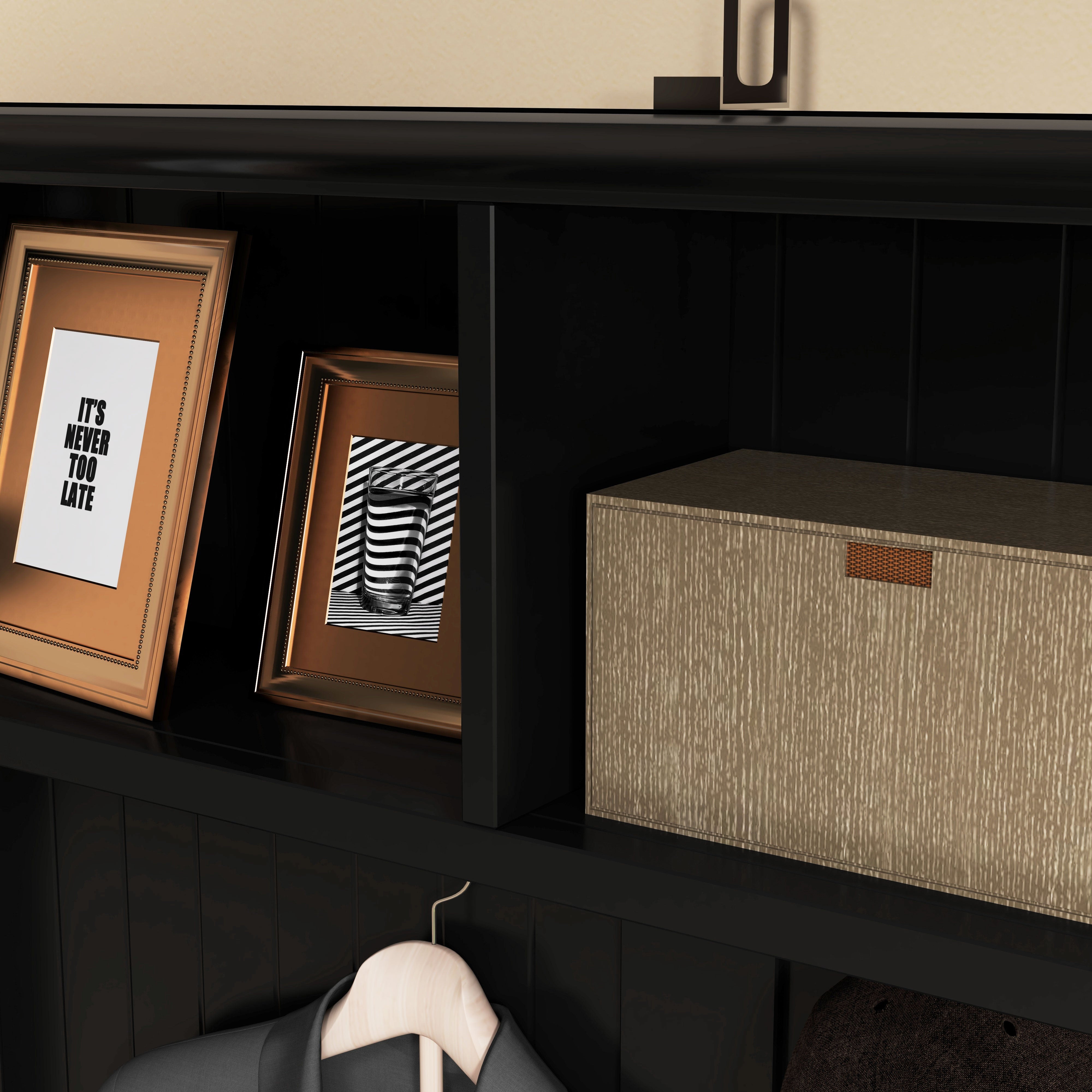 3-in-1 Hall Tree, Entryway Bench w/ Coat Rack, 2 Drawers, 4 Hooks & Padded Seat, Black