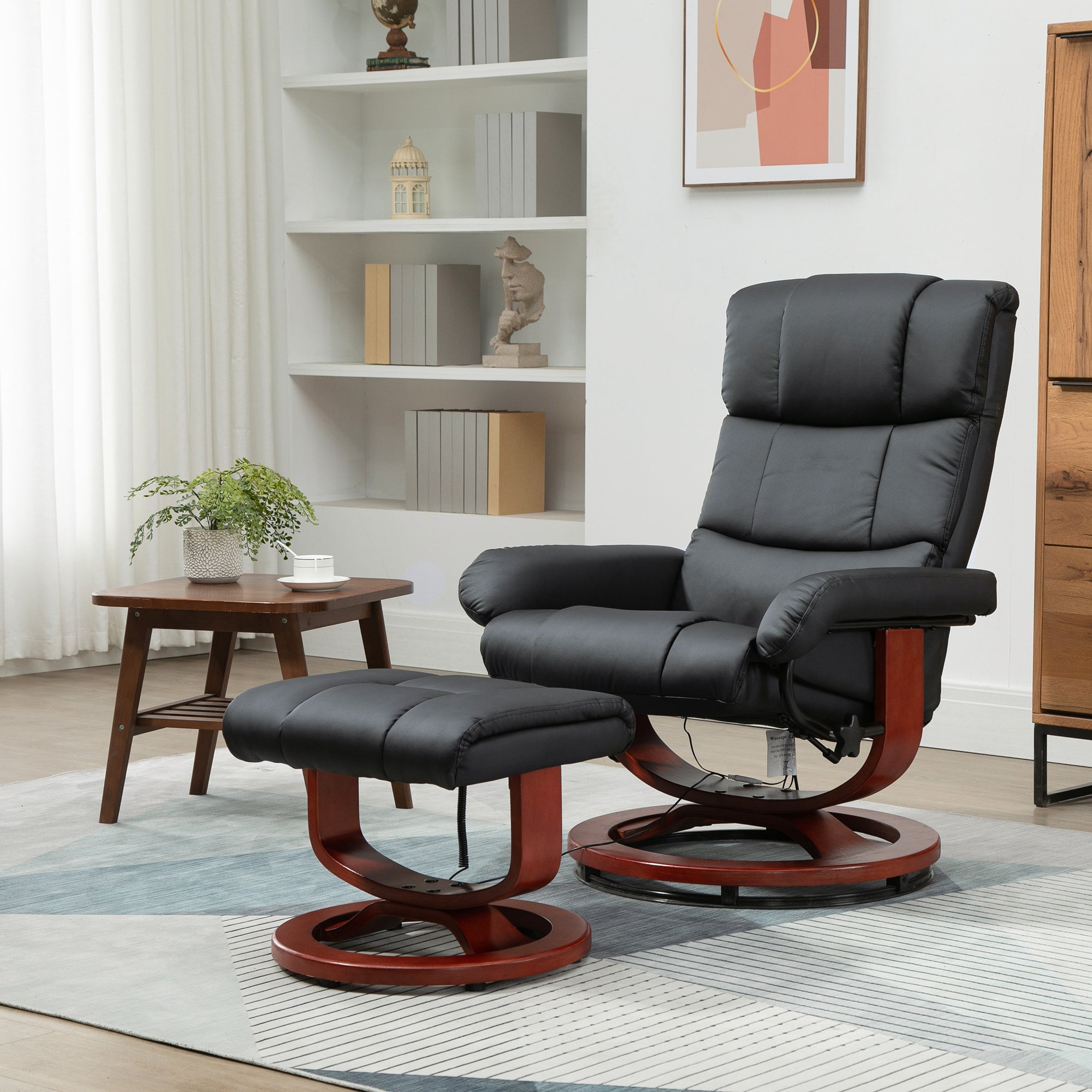 10 Points Massage Recliner Chair with Ottoman, Faux Leather Swivel Recliner, Black