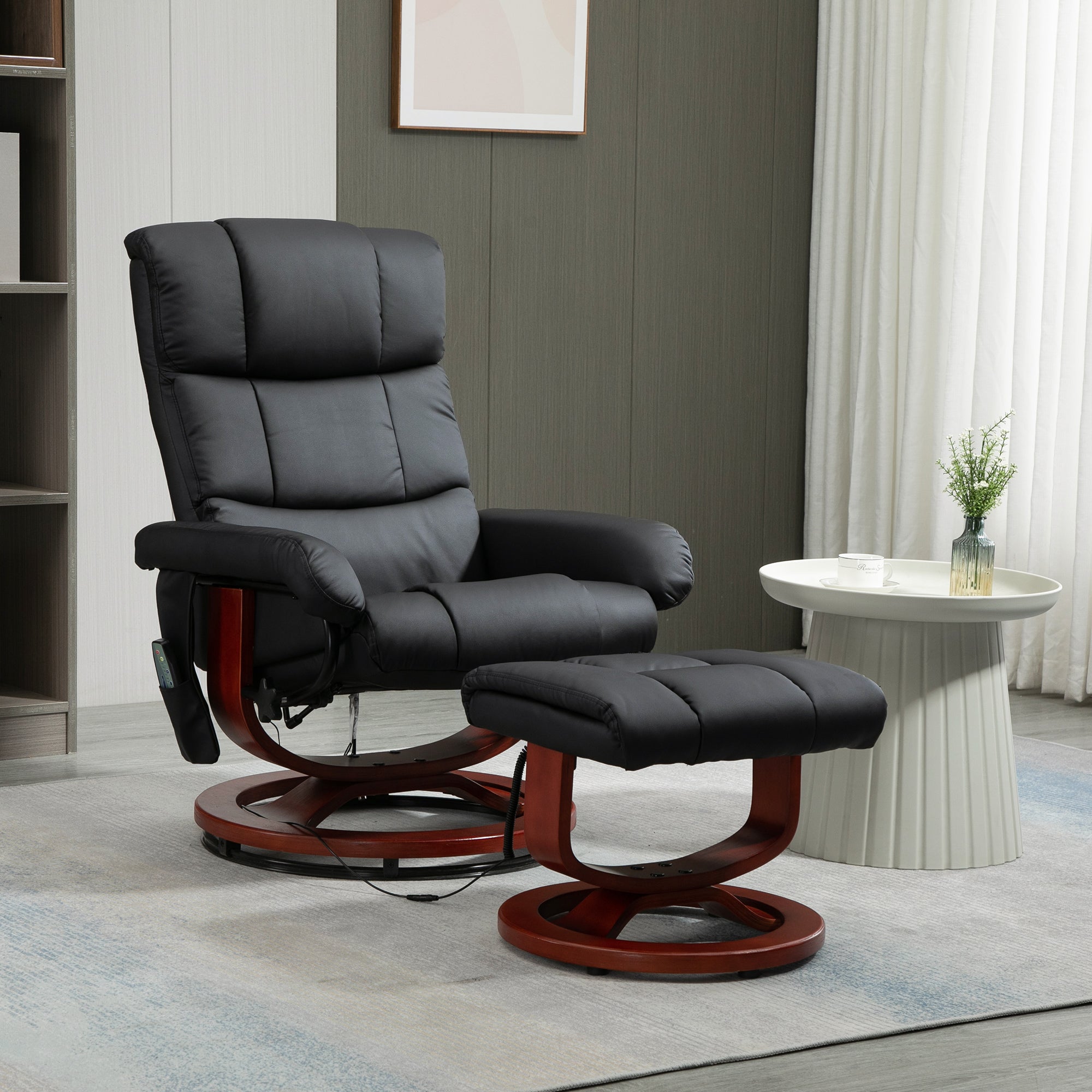 10 Points Massage Recliner Chair with Ottoman, Faux Leather Swivel Recliner, Black