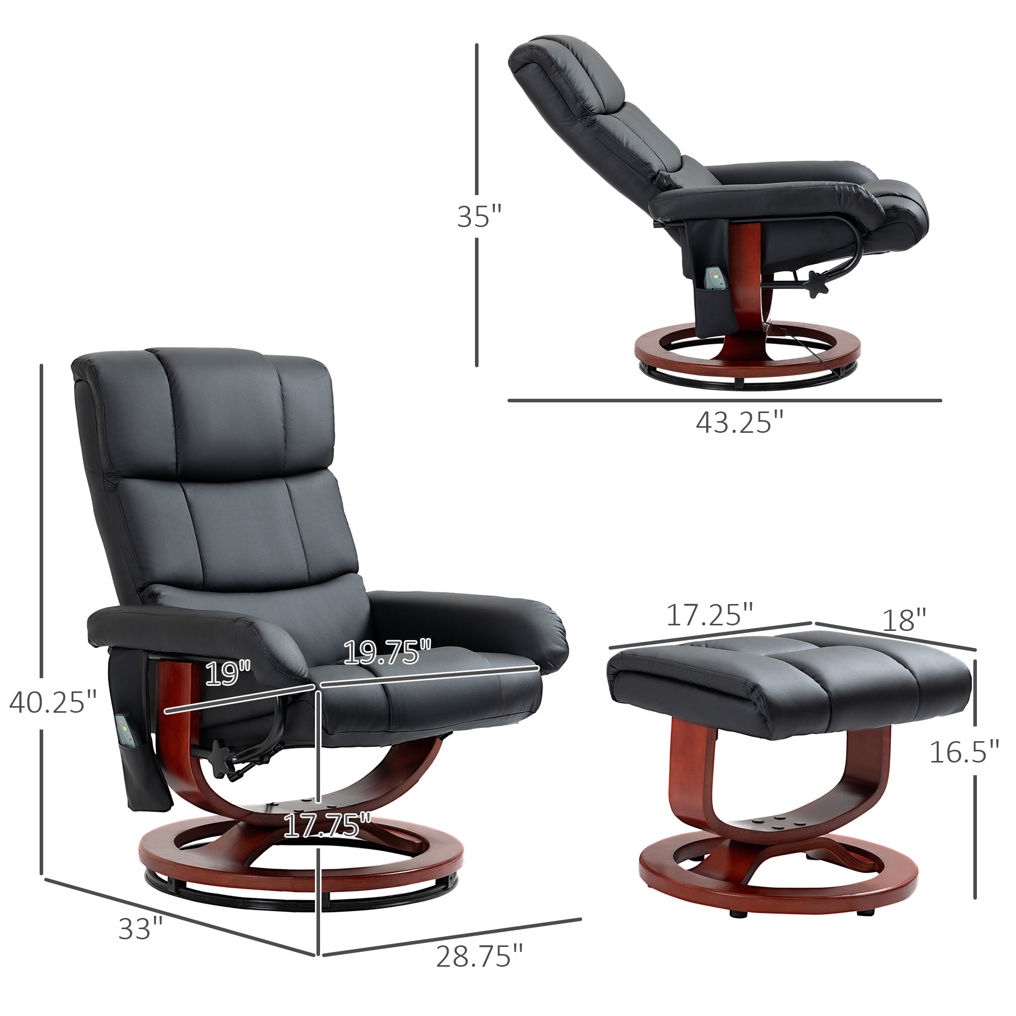 10 Points Massage Recliner Chair with Ottoman, Faux Leather Swivel Recliner, Black