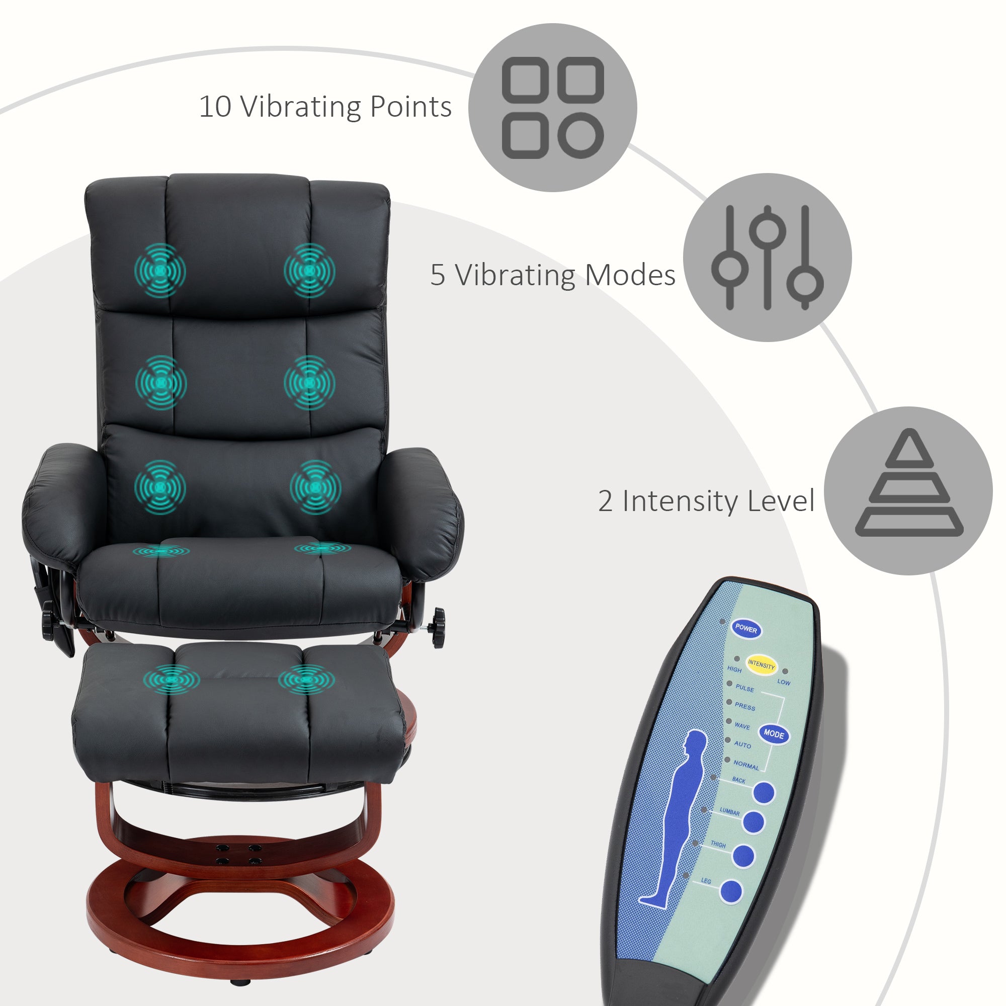 10 Points Massage Recliner Chair with Ottoman, Faux Leather Swivel Recliner, Black