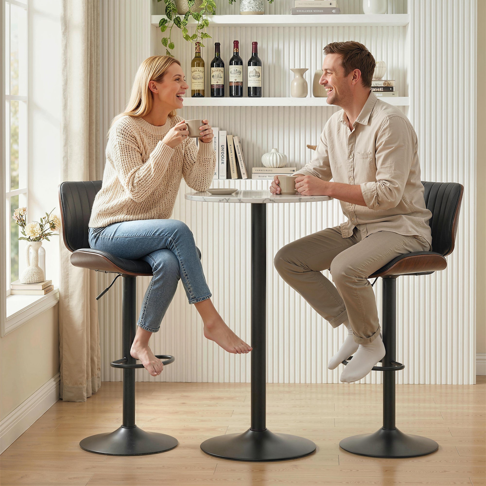 Bar Stools Set of 2, Mid-Century Modern Swivel Counter Height Barstools with Back, Adjustable Height, Footrest, PU Leather Bar Chairs for Kitchen Island Dining Room, Black