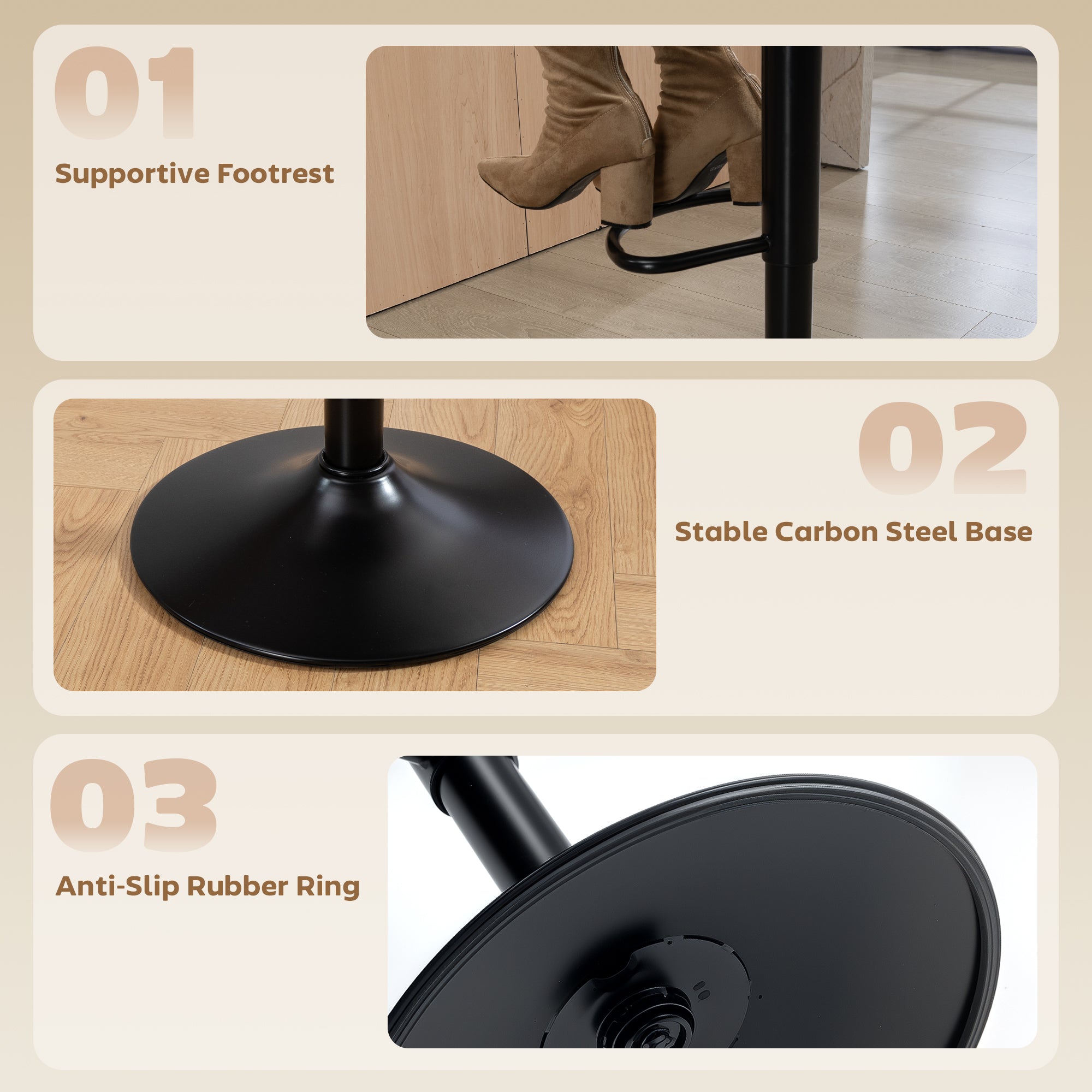 Bar Stools Set of 2, Mid-Century Modern Swivel Counter Height Barstools with Back, Adjustable Height, Footrest, PU Leather Bar Chairs for Kitchen Island Dining Room, Black
