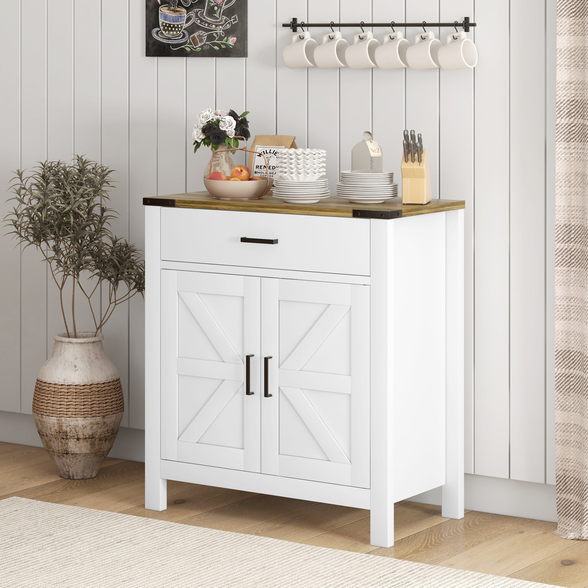 HOMCOM Sideboard with 1 Drawer 1 Storage Cabinet, Buffet Cabinet with Barn-style Doors and Adjustable Shelf, Farmhouse Kitchen Cabinet, White