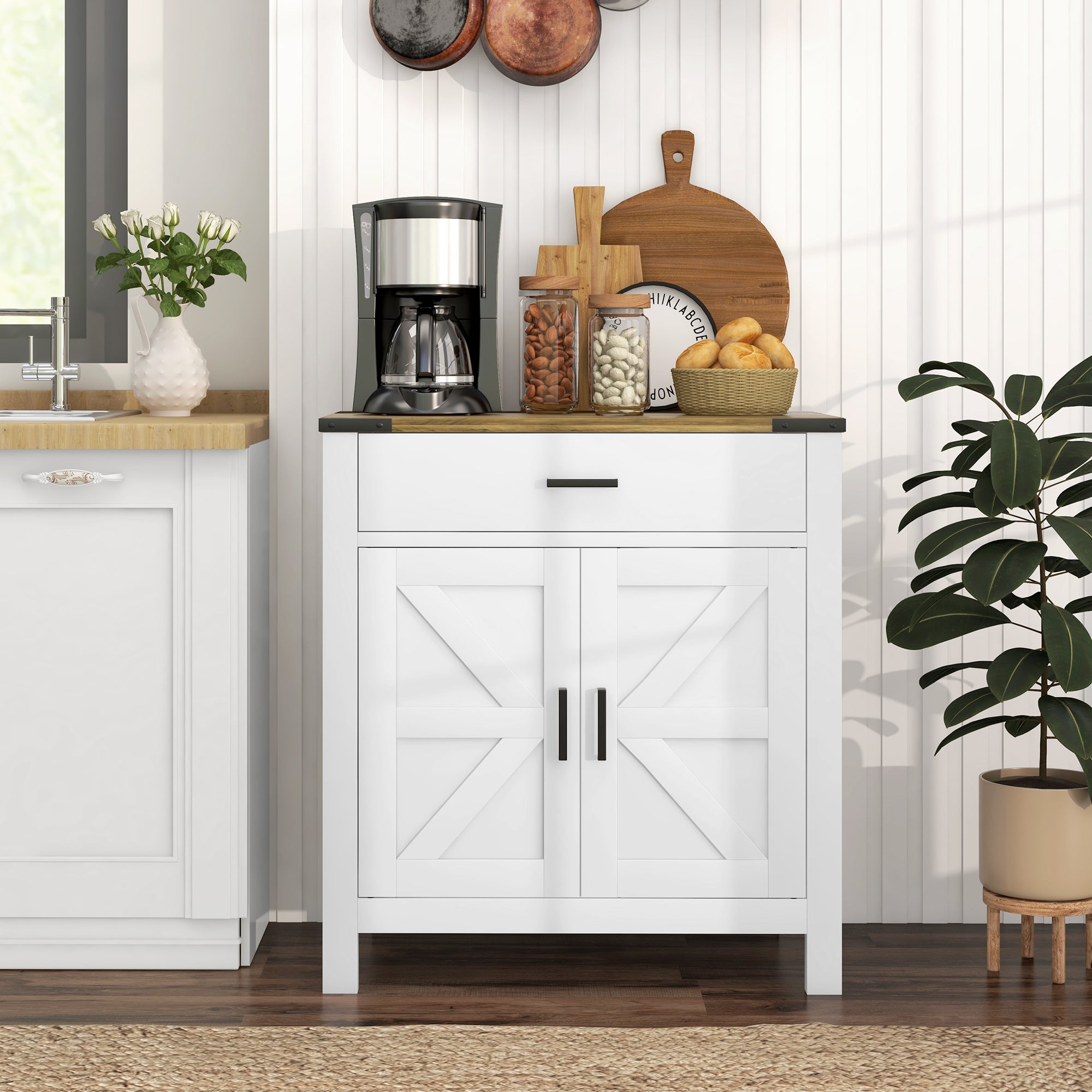 HOMCOM Sideboard with 1 Drawer 1 Storage Cabinet, Buffet Cabinet with Barn-style Doors and Adjustable Shelf, Farmhouse Kitchen Cabinet, White
