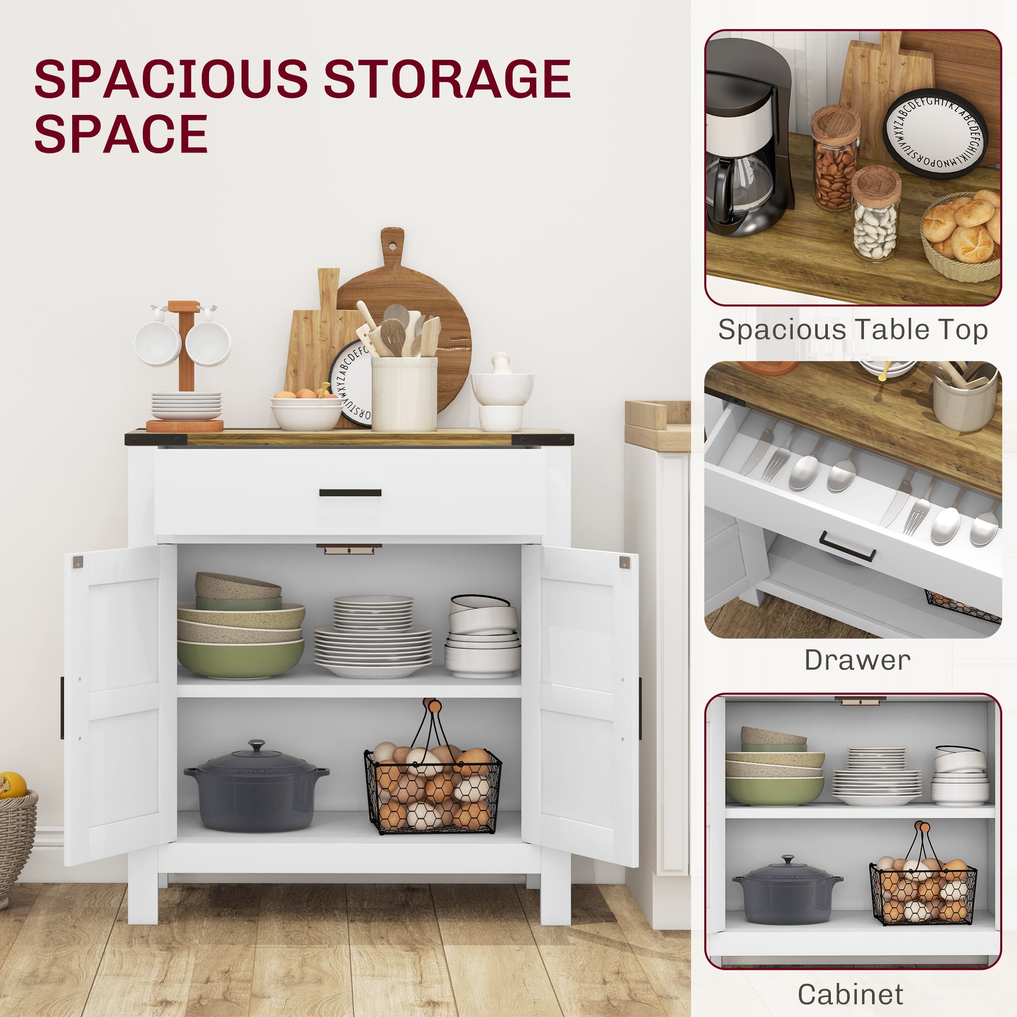 HOMCOM Sideboard with 1 Drawer 1 Storage Cabinet, Buffet Cabinet with Barn-style Doors and Adjustable Shelf, Farmhouse Kitchen Cabinet, White