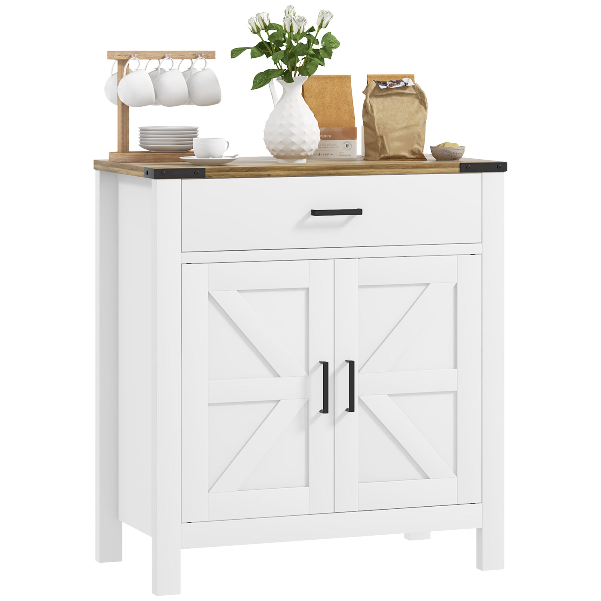 HOMCOM Sideboard with 1 Drawer 1 Storage Cabinet, Buffet Cabinet with Barn-style Doors and Adjustable Shelf, Farmhouse Kitchen Cabinet, White