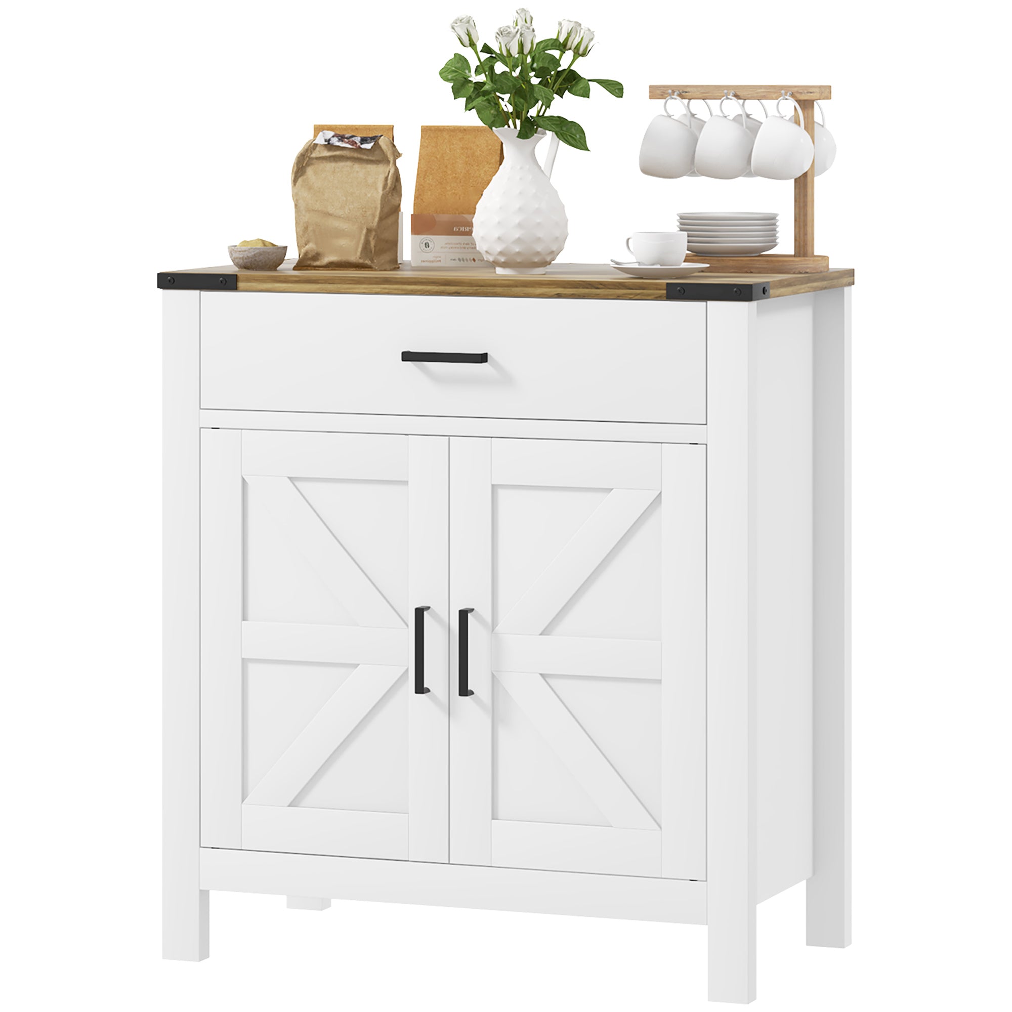 HOMCOM Sideboard with 1 Drawer 1 Storage Cabinet, Buffet Cabinet with Barn-style Doors and Adjustable Shelf, Farmhouse Kitchen Cabinet, White
