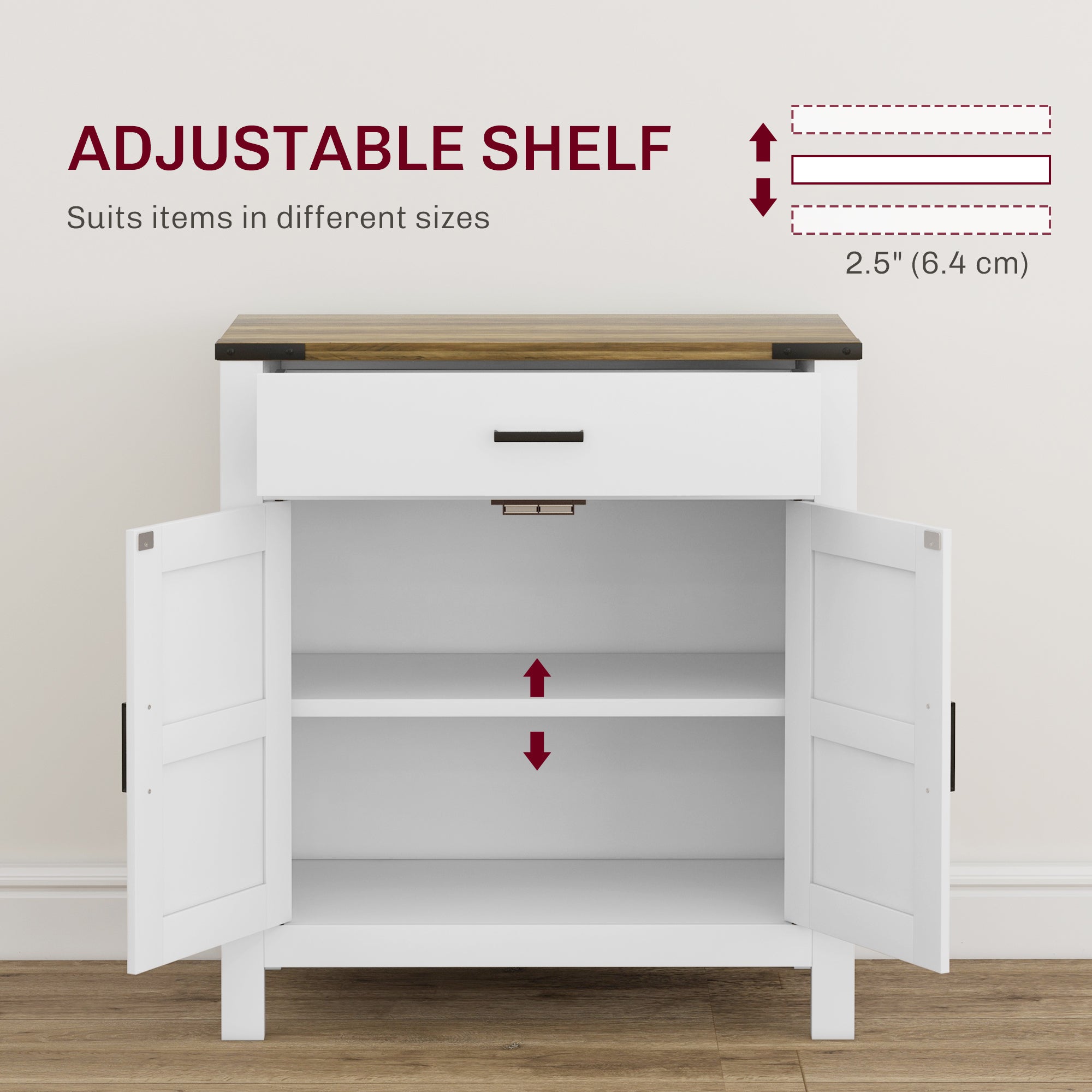 HOMCOM Sideboard with 1 Drawer 1 Storage Cabinet, Buffet Cabinet with Barn-style Doors and Adjustable Shelf, Farmhouse Kitchen Cabinet, White