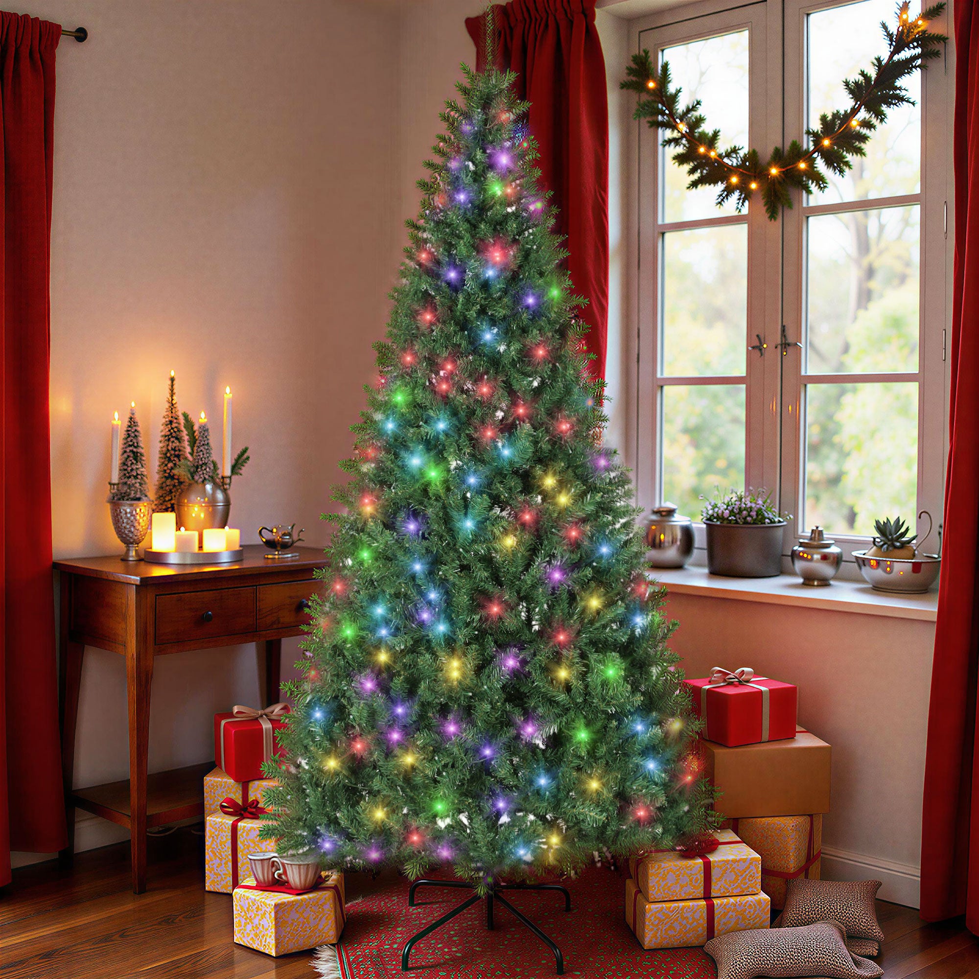 7.5ft Prelit Christmas Tree with Warm White & Color Changing LEDs, DIY, Remote Control, Daily Timer, Artificial Fir Holiday Decoration, Hinged Xmas Tree with 12 Modes, Easy Assembly, Green