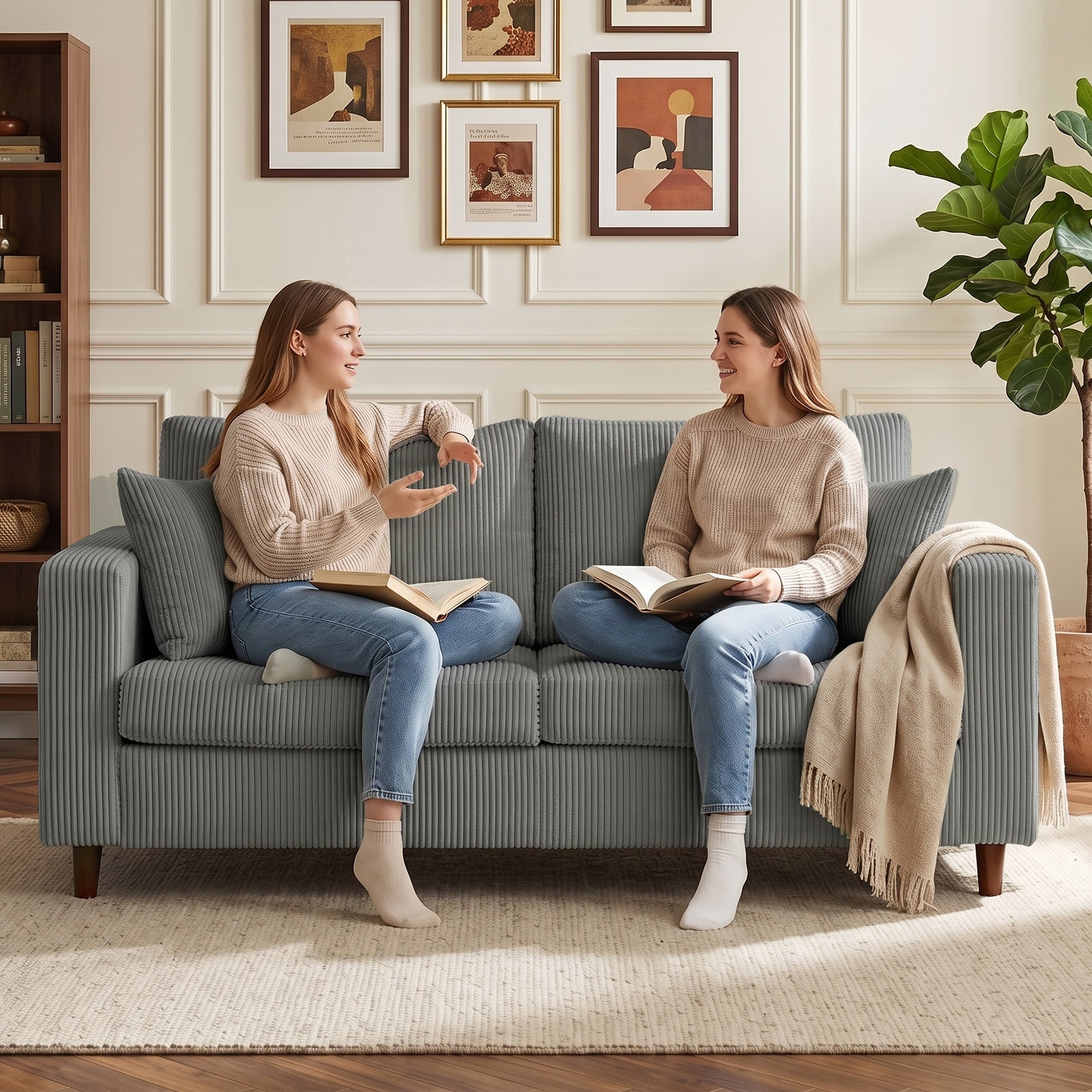 2 Seater Sofa, 170 cm Comfy Corduroy Couch with Wide Deep Seat, Wide Armrests, Spring Cushion, Thick Padded, Solid Wood Legs, Loveseat Sofa for Living Room, Light Grey