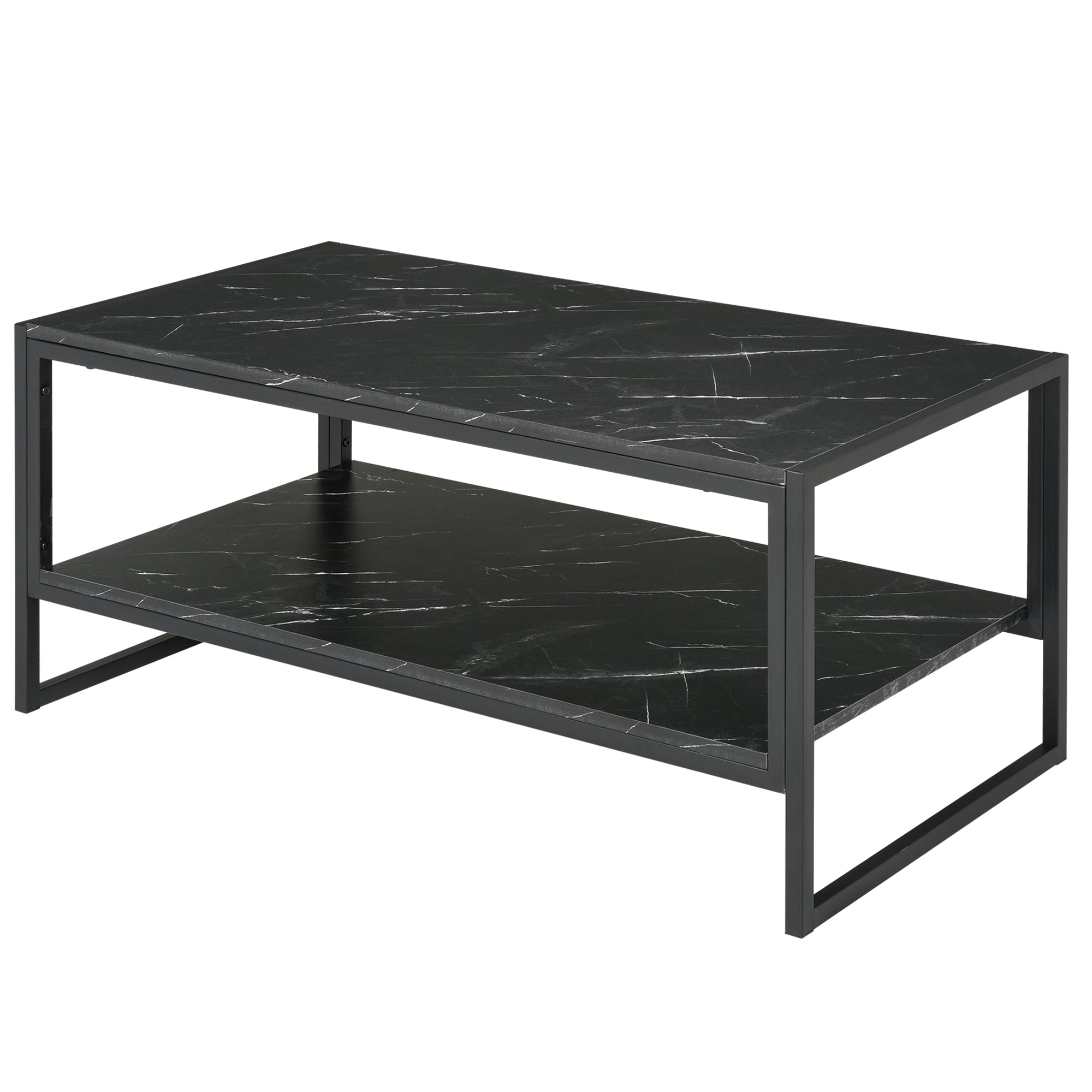 HOMCOM Coffee Table, Two-Tier Marble Centre Table with Metal Frame and Storage Shelf for Living Room, 106 x 50 x 45cm, Black
