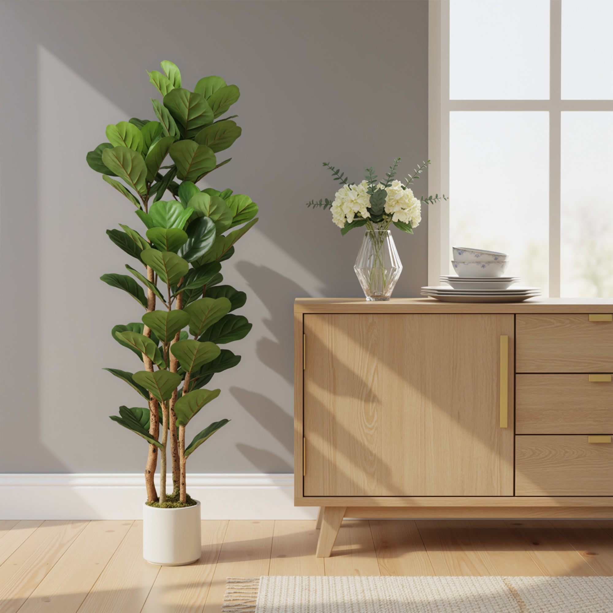 5FT Artificial Fiddle Leaf Fig Tree with Solid Wood Trunks, Lifelike Fake Tree with 45 Leaves in Pot for Indoor Living Room Office Home Decor, Green