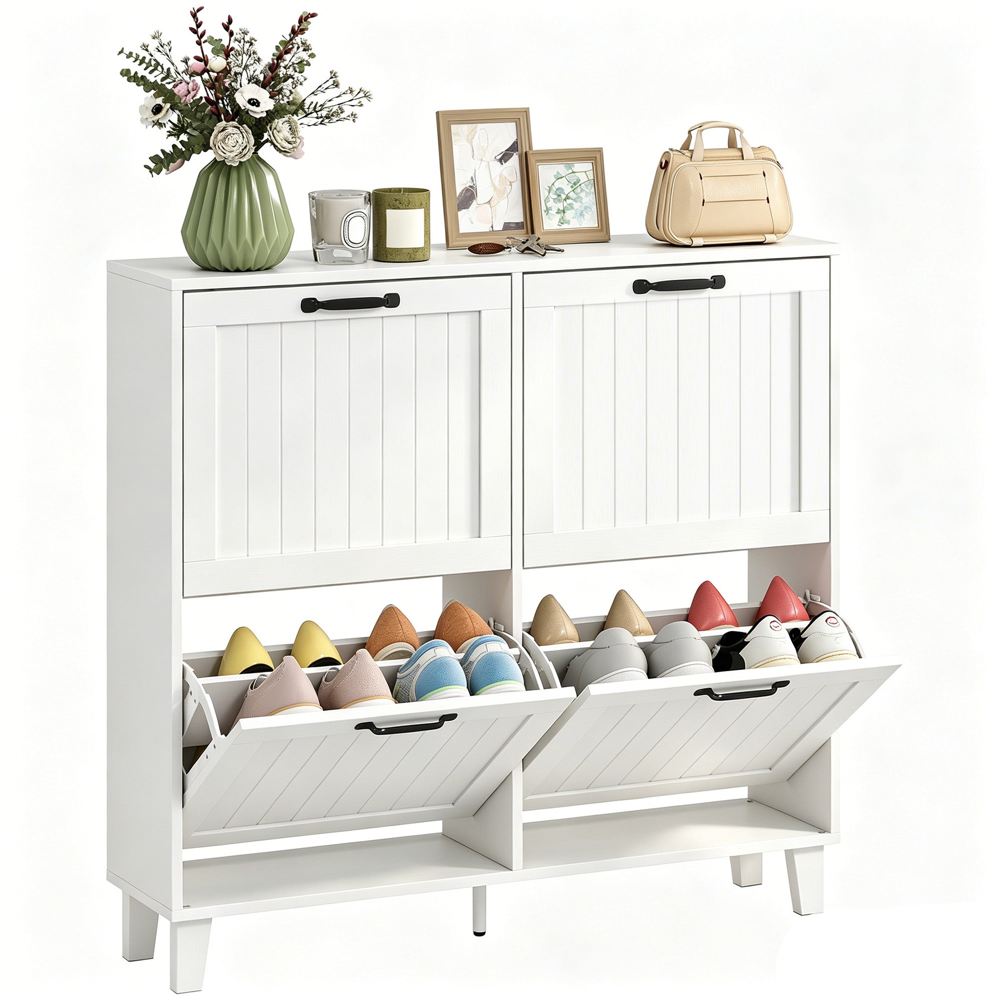 Shoe Cabinet with 4 Flip Drawers, Freestanding Narrow Shoe Storage Cabinet with Adjustable Shelves, Open Back, Bamboo Legs for Entryway, Hallway, Holds 16-20 Pairs, White