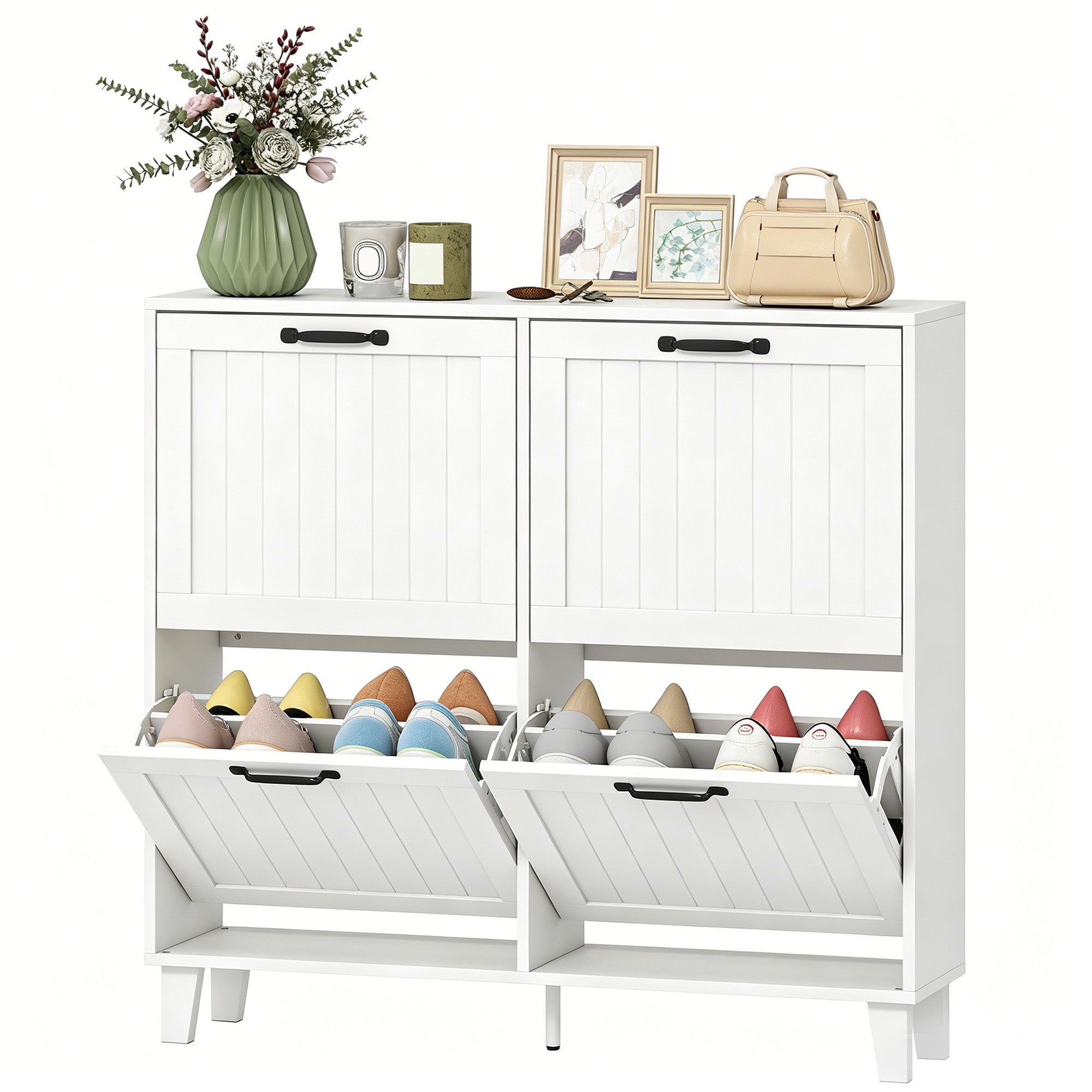 Shoe Cabinet with 4 Flip Drawers, Freestanding Narrow Shoe Storage Cabinet with Adjustable Shelves, Open Back, Bamboo Legs for Entryway, Hallway, Holds 16-20 Pairs, White