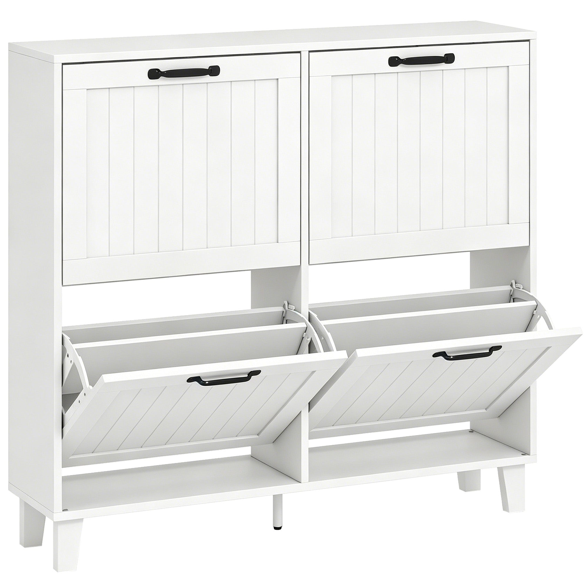 Shoe Cabinet with 4 Flip Drawers, Freestanding Narrow Shoe Storage Cabinet with Adjustable Shelves, Open Back, Bamboo Legs for Entryway, Hallway, Holds 16-20 Pairs, White